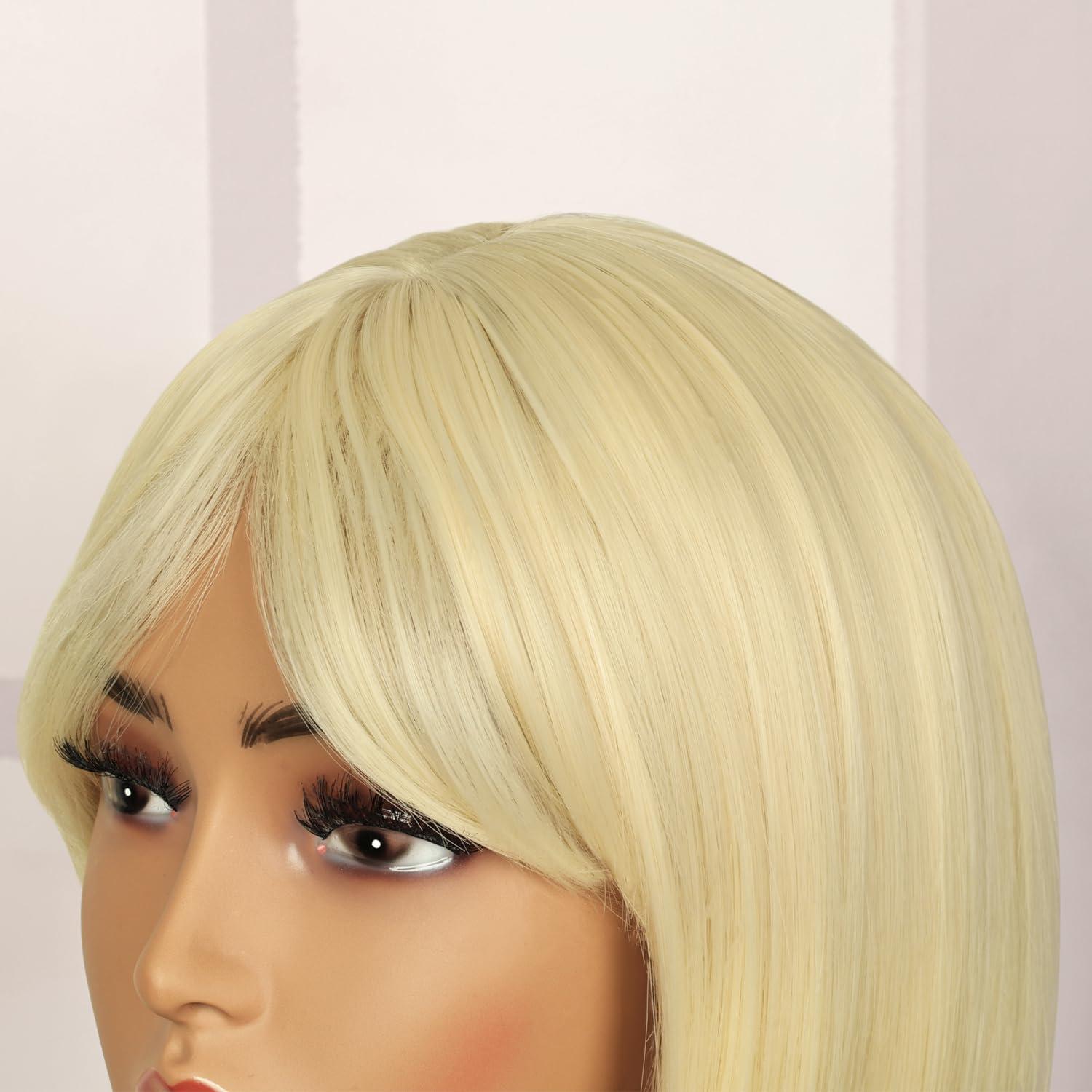 image:imageCreamily Perruques courtes au carr de 25 cm lisses avec frange plate synthtiques colores cosplay fte femmes naturelles comme vrais cheveux bonnet perruque gratuit NoirBlonde