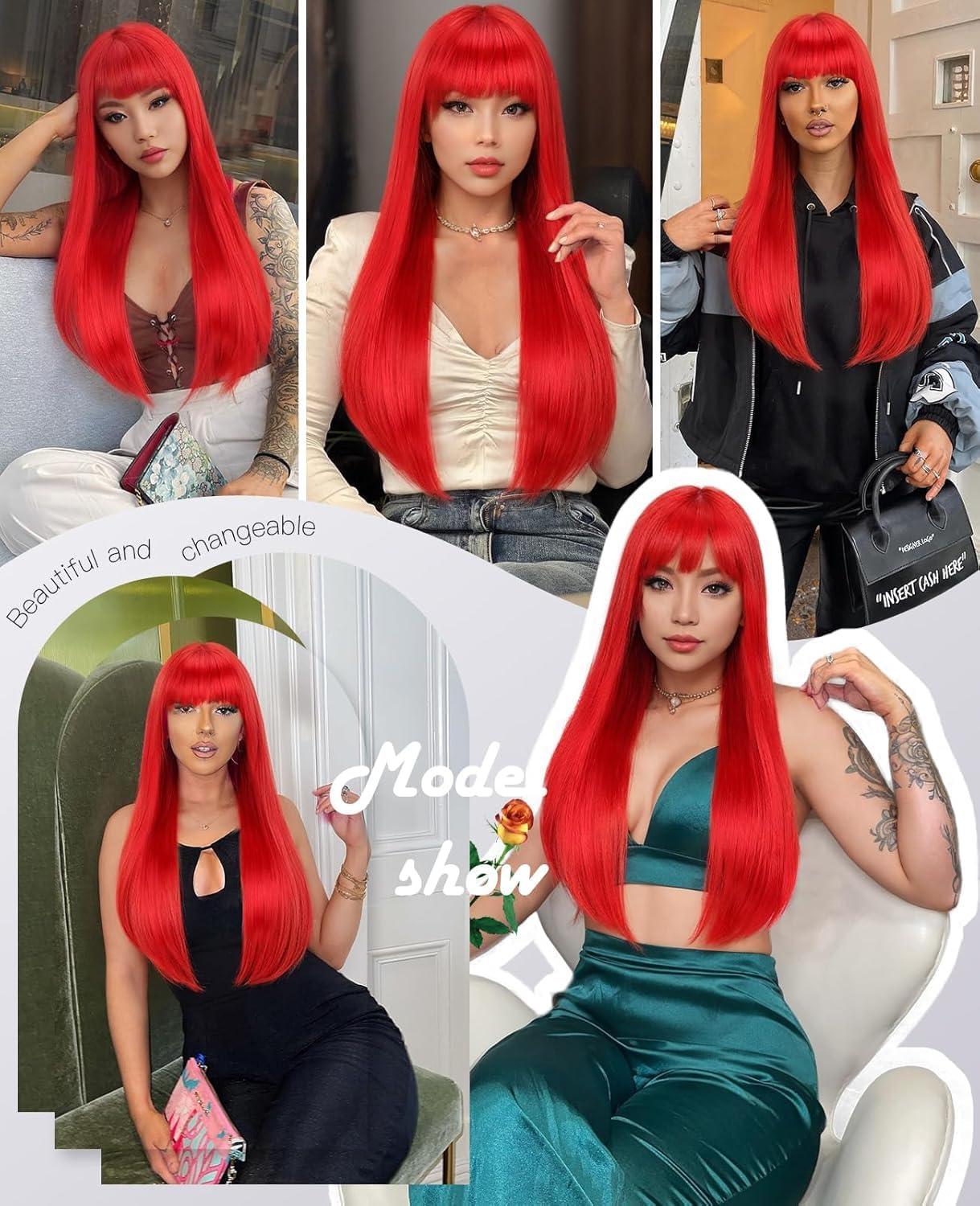 image:imageCreamily Perruques courtes au carr de 25 cm lisses avec frange plate synthtiques colores cosplay fte femmes naturelles comme vrais cheveux bonnet perruque gratuit NoirRouge Longue