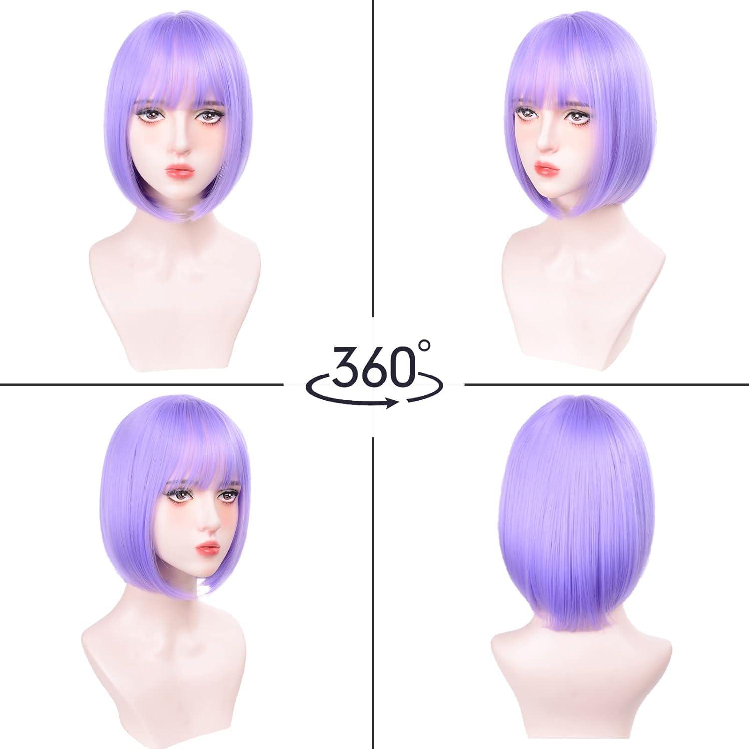 image:imageCreamily Perruques courtes au carr de 25 cm lisses avec frange plate synthtiques colores cosplay fte femmes naturelles comme vrais cheveux bonnet perruque gratuit NoirViolet