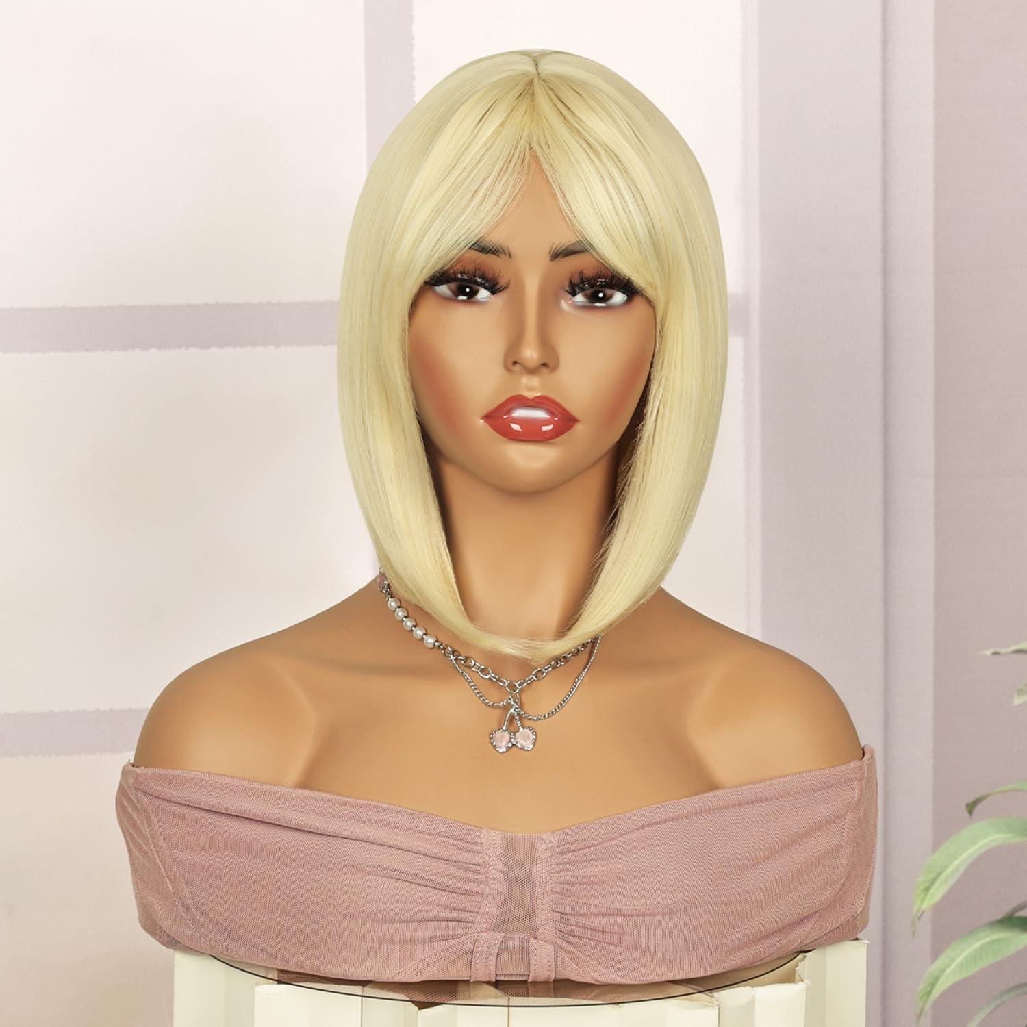 image:imageCreamily Perruques courtes au carr de 25 cm lisses avec frange plate synthtiques colores cosplay fte femmes naturelles comme vrais cheveux bonnet perruque gratuit NoirBlonde