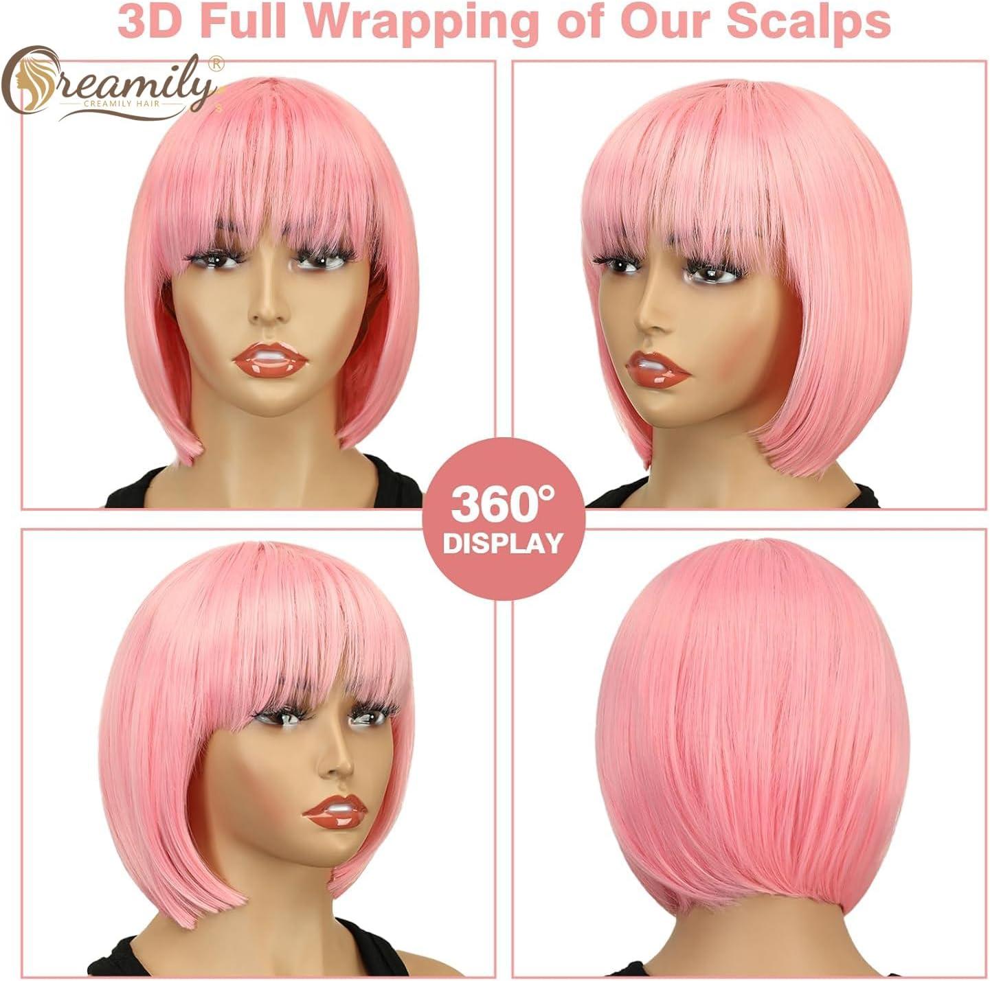 image:imageCreamily Perruques courtes au carr de 25 cm lisses avec frange plate synthtiques colores cosplay fte femmes naturelles comme vrais cheveux bonnet perruque gratuit NoirRose
