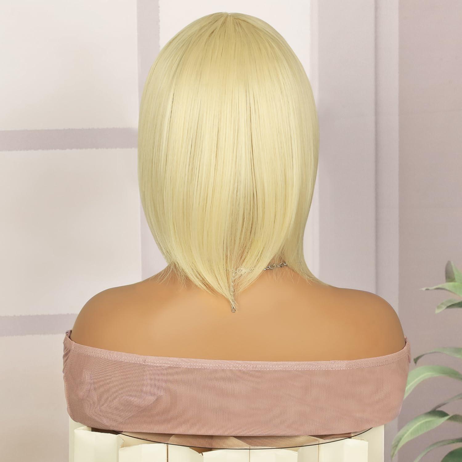 image:imageCreamily Perruques courtes au carr de 25 cm lisses avec frange plate synthtiques colores cosplay fte femmes naturelles comme vrais cheveux bonnet perruque gratuit NoirBlonde