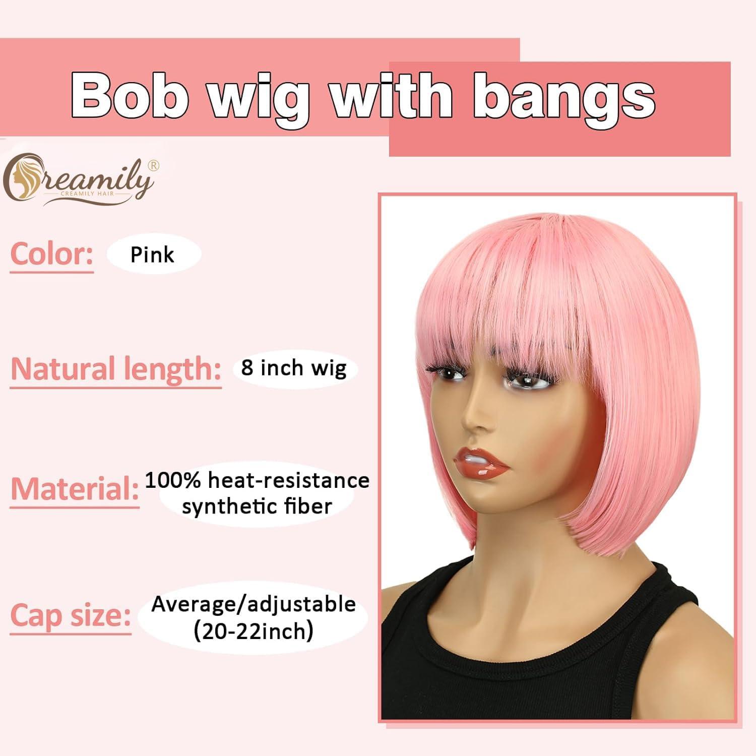image:imageCreamily Perruques courtes au carr de 25 cm lisses avec frange plate synthtiques colores cosplay fte femmes naturelles comme vrais cheveux bonnet perruque gratuit NoirRose