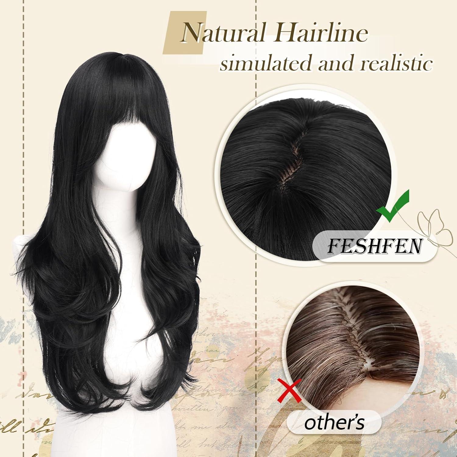 image:imageFESHFEN Perruque Longue avec Frange Perruque Noir pour Femmes Dgrad Cheveux Naturelle Synthtique Perruques Ondul Layered Wig Utilisation Quotidienne Ftes 65 cmNoirFrange Franaise