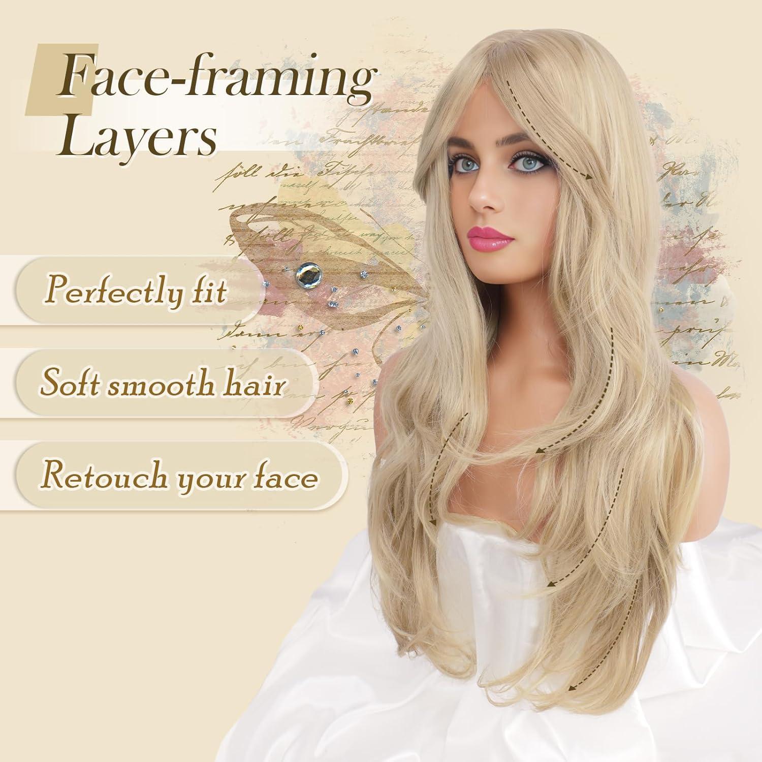 image:imageFESHFEN Perruque Longue avec Frange Perruque Noir pour Femmes Dgrad Cheveux Naturelle Synthtique Perruques Ondul Layered Wig Utilisation Quotidienne Ftes 65 cmBlond SaleCurtain Bangs