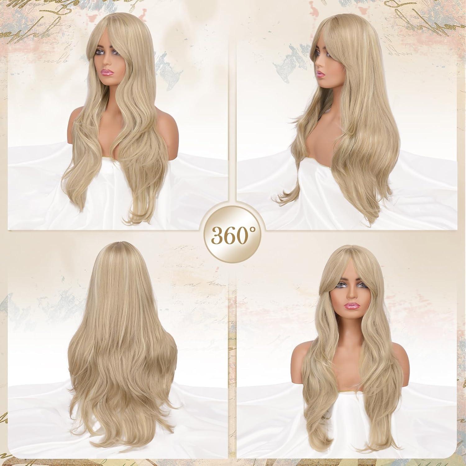 image:imageFESHFEN Perruque Longue avec Frange Perruque Noir pour Femmes Dgrad Cheveux Naturelle Synthtique Perruques Ondul Layered Wig Utilisation Quotidienne Ftes 65 cmBlond SaleCurtain Bangs