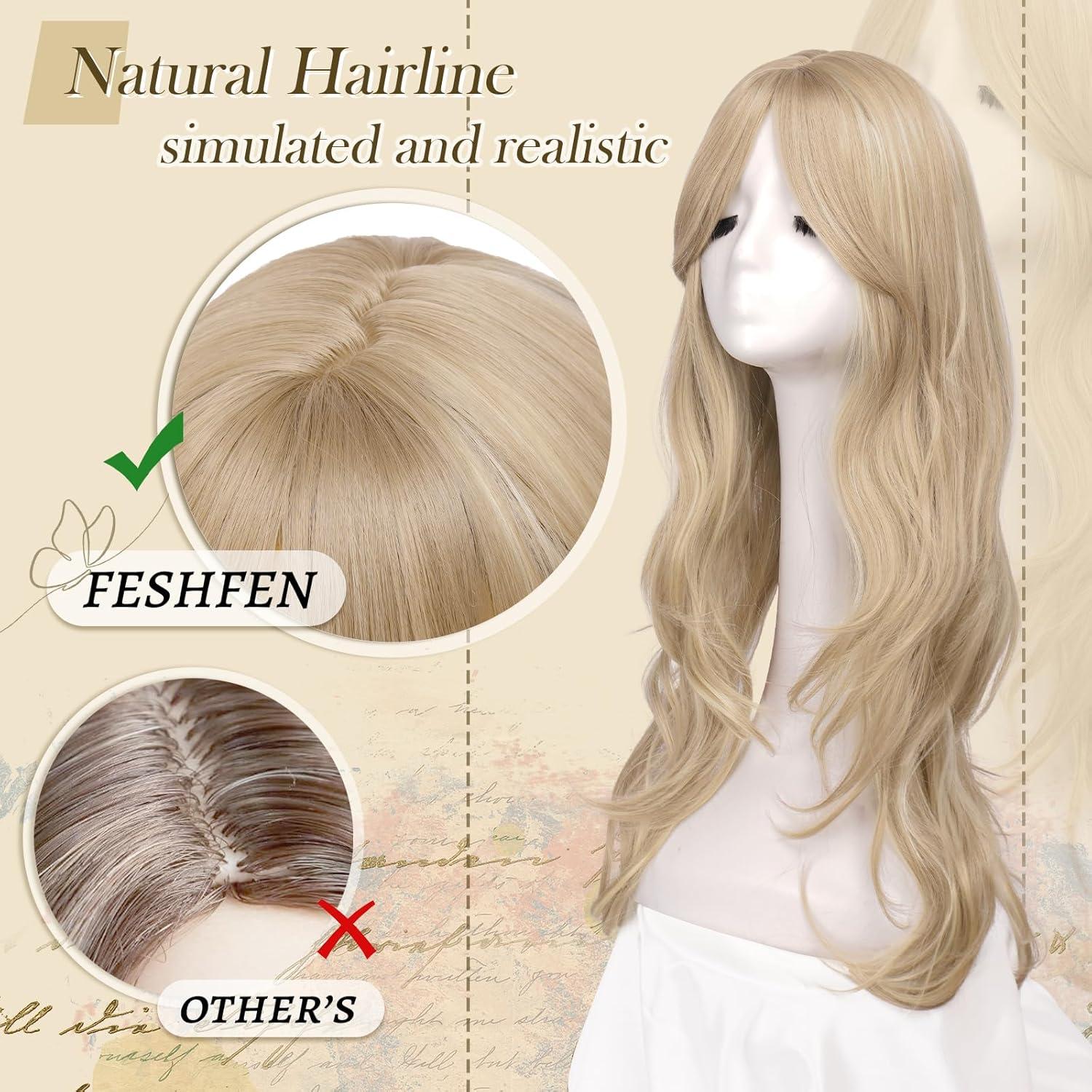 image:imageFESHFEN Perruque Longue avec Frange Perruque Noir pour Femmes Dgrad Cheveux Naturelle Synthtique Perruques Ondul Layered Wig Utilisation Quotidienne Ftes 65 cmBlond SaleCurtain Bangs