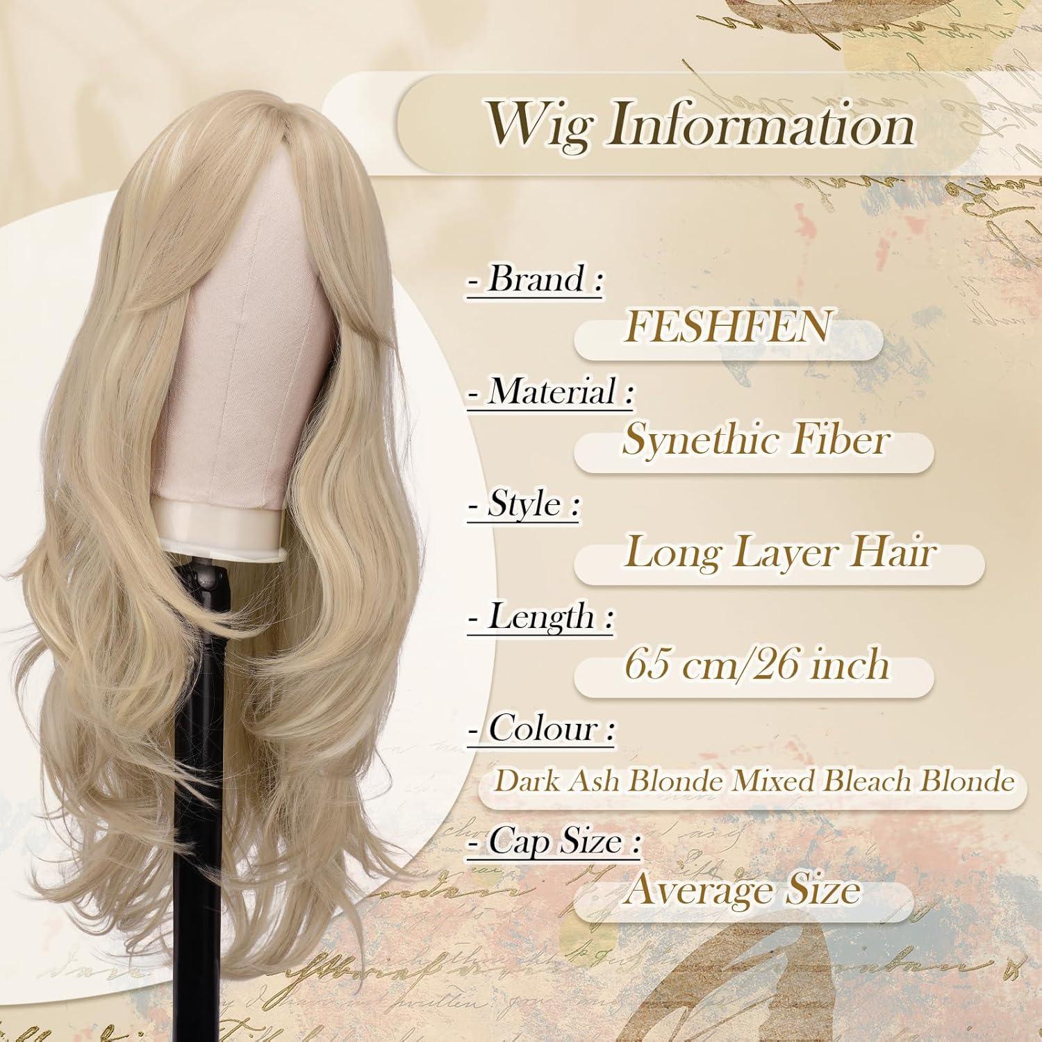image:imageFESHFEN Perruque Longue avec Frange Perruque Noir pour Femmes Dgrad Cheveux Naturelle Synthtique Perruques Ondul Layered Wig Utilisation Quotidienne Ftes 65 cmBlond SaleCurtain Bangs