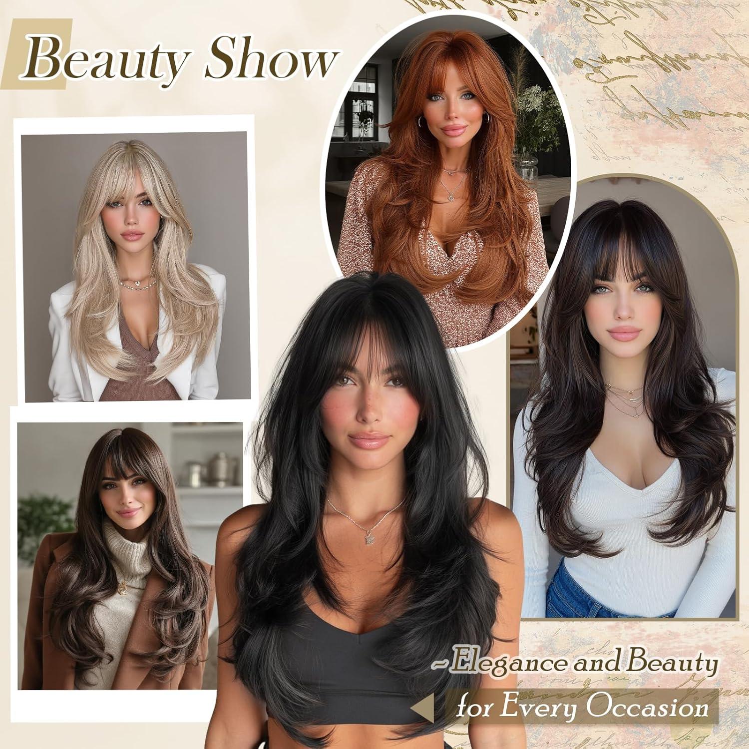 image:imageFESHFEN Perruque Longue avec Frange Perruque Noir pour Femmes Dgrad Cheveux Naturelle Synthtique Perruques Ondul Layered Wig Utilisation Quotidienne Ftes 65 cmNoirFrange Franaise