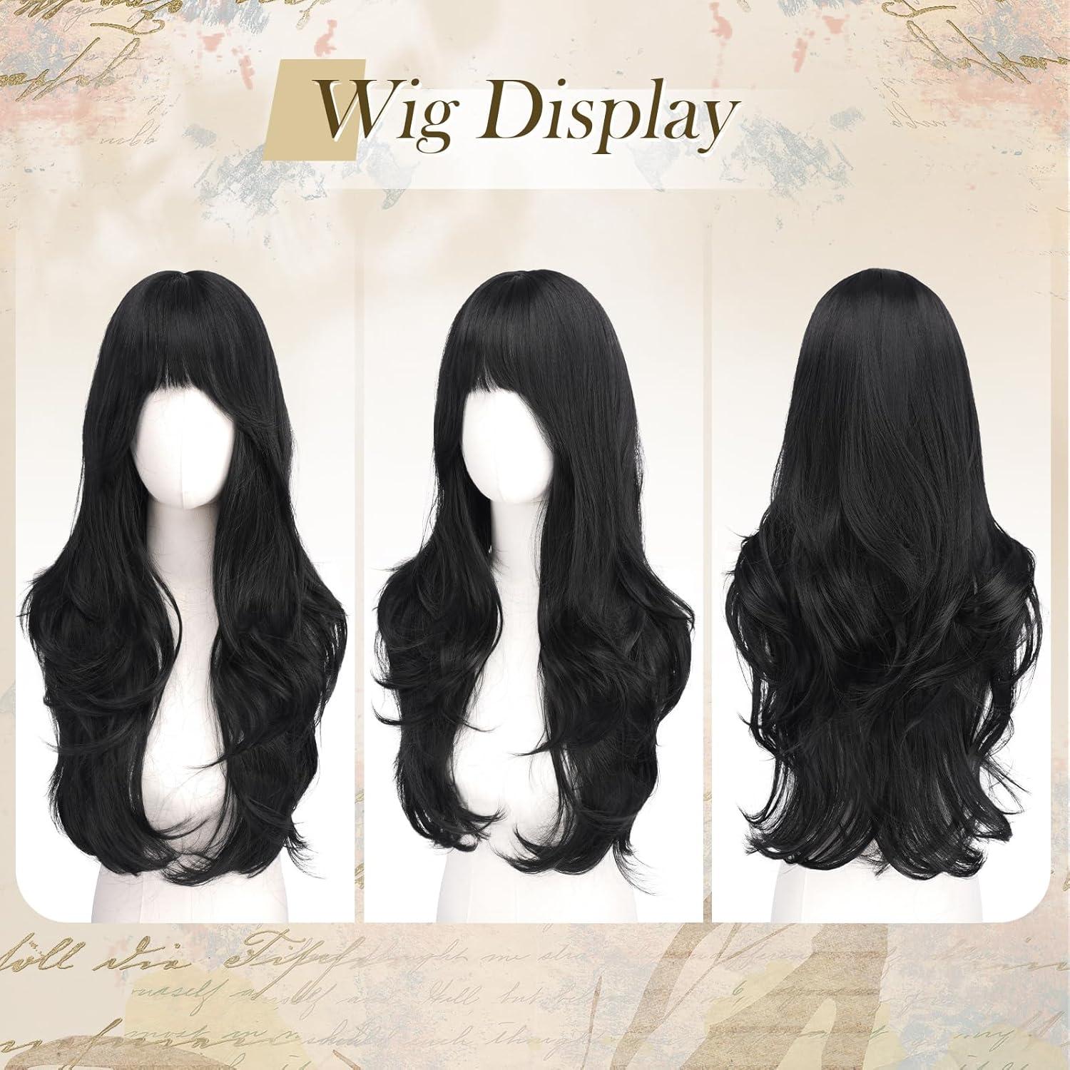 image:imageFESHFEN Perruque Longue avec Frange Perruque Noir pour Femmes Dgrad Cheveux Naturelle Synthtique Perruques Ondul Layered Wig Utilisation Quotidienne Ftes 65 cmNoirFrange Franaise