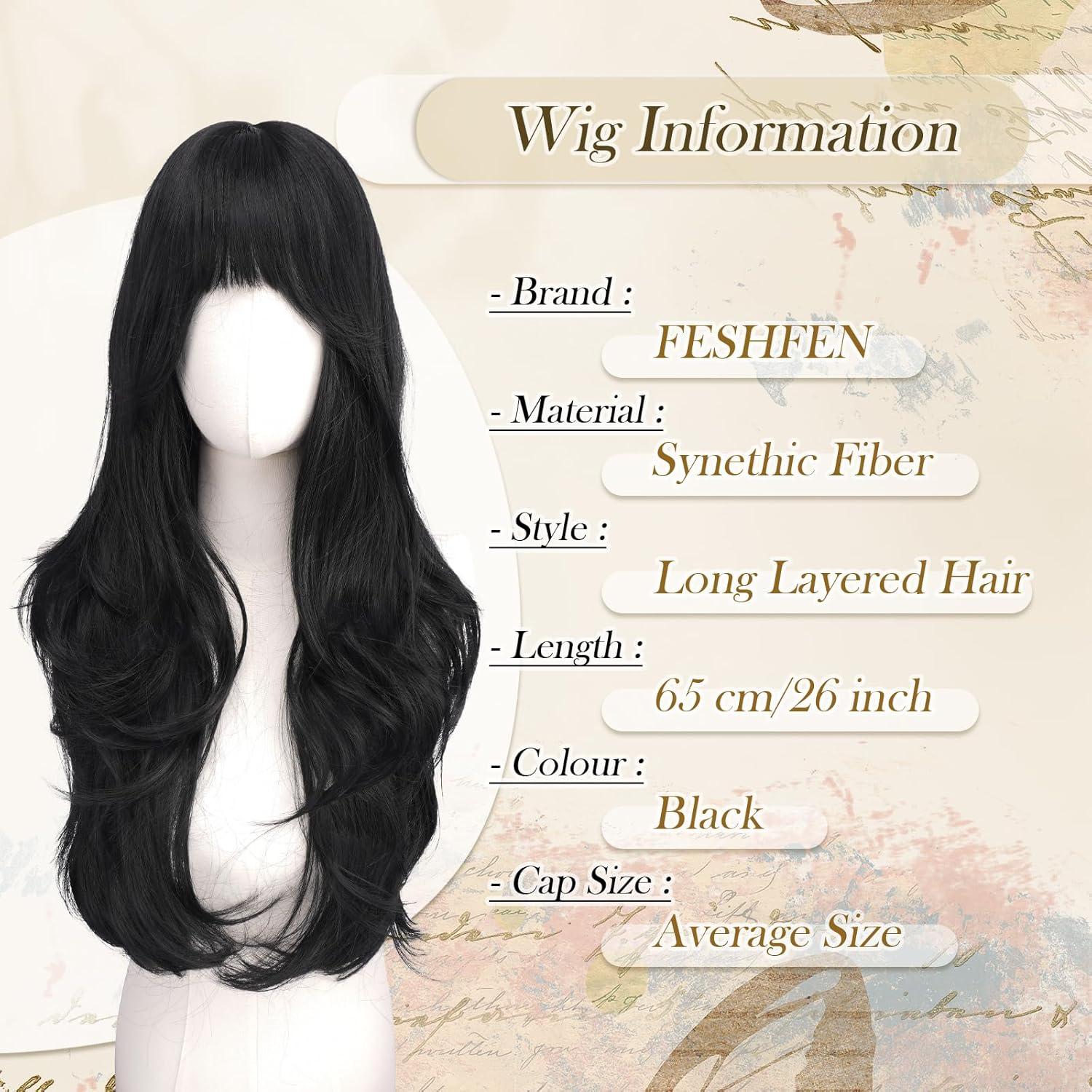 image:imageFESHFEN Perruque Longue avec Frange Perruque Noir pour Femmes Dgrad Cheveux Naturelle Synthtique Perruques Ondul Layered Wig Utilisation Quotidienne Ftes 65 cmNoirFrange Franaise