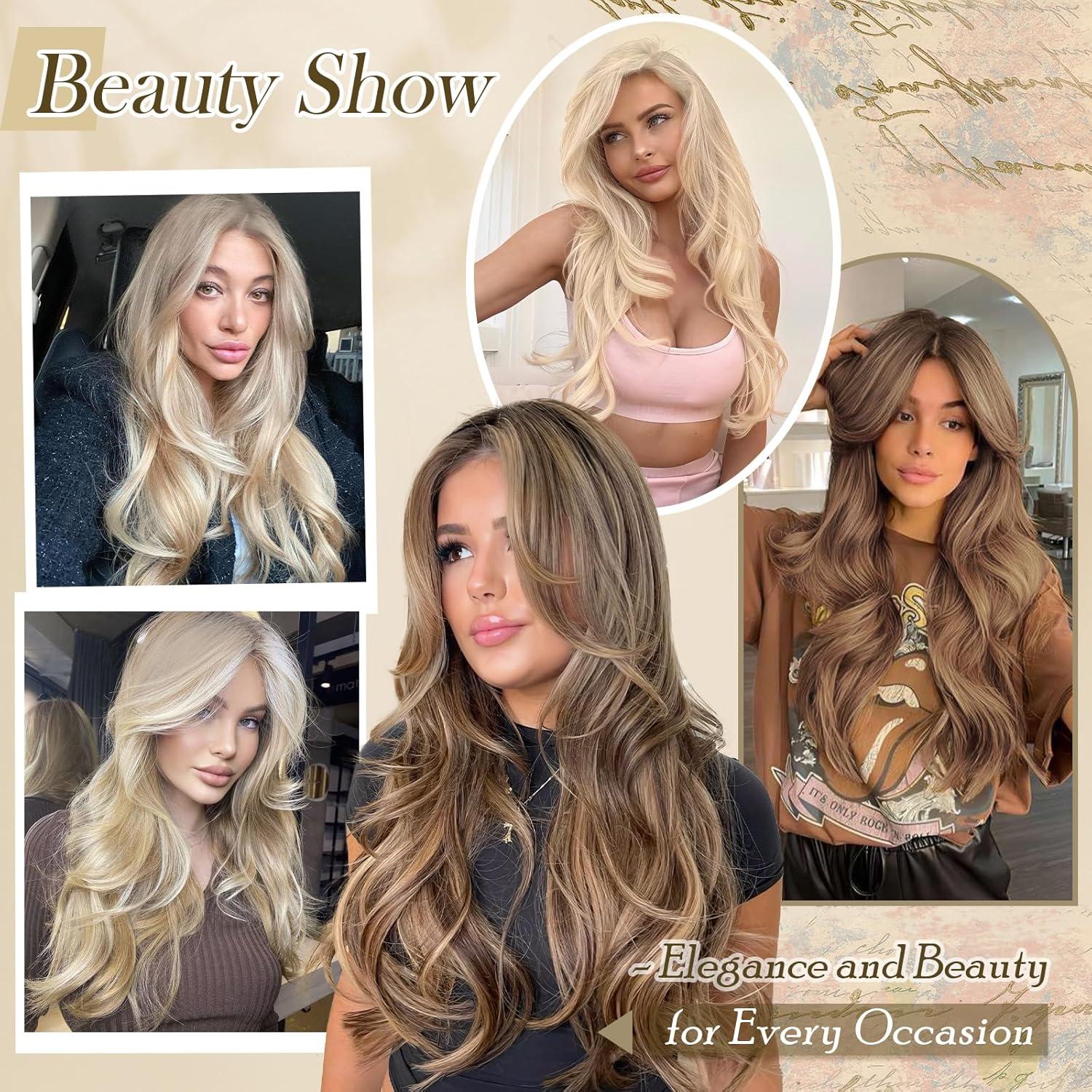image:imageFESHFEN Perruque Longue avec Frange Perruque Noir pour Femmes Dgrad Cheveux Naturelle Synthtique Perruques Ondul Layered Wig Utilisation Quotidienne Ftes 65 cmBlond SaleCurtain Bangs