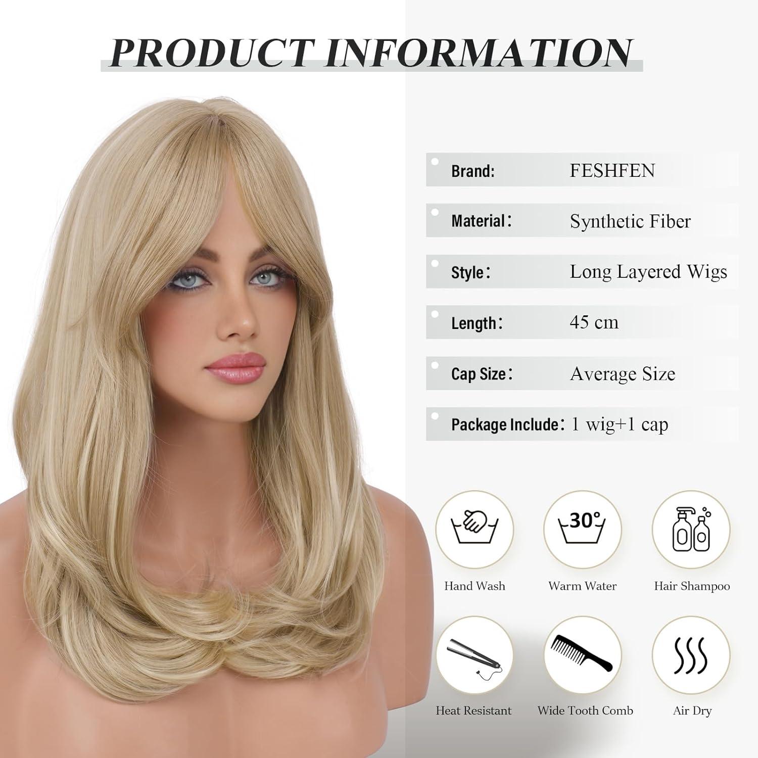 image:imageFESHFEN Perruque Longue avec Frange Naturelle Synthtiques Blond Clair Sale Perruque de Cheveux Perruque Carnaval de Cosplay pour Femme 45 cmBlond SaleCurtain Bangs