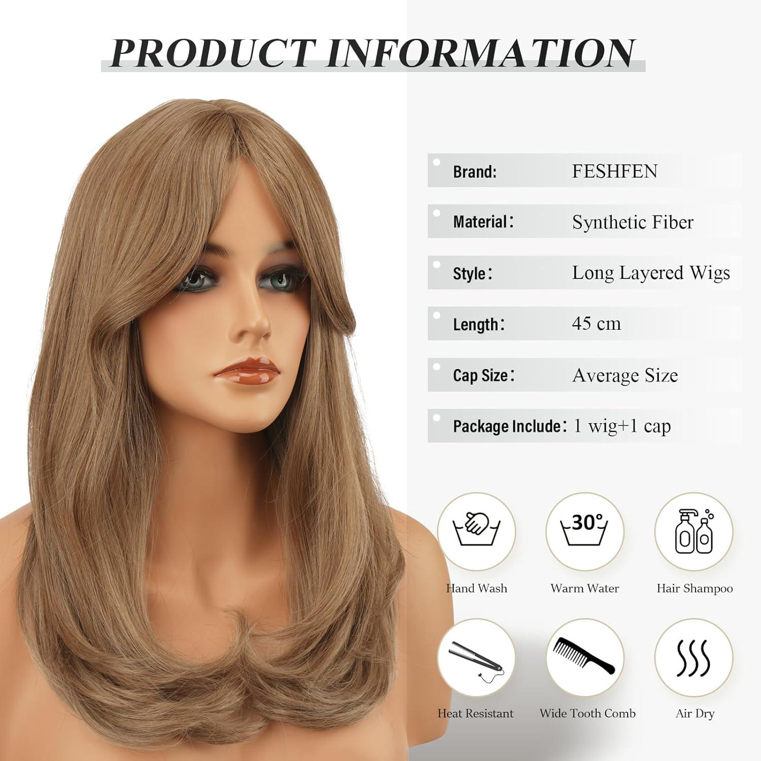 image:imageFESHFEN Perruque Longue avec Frange Naturelle Synthtiques Blond Clair Sale Perruque de Cheveux Perruque Carnaval de Cosplay pour Femme 45 cmBlond mixteCurtain Bangs