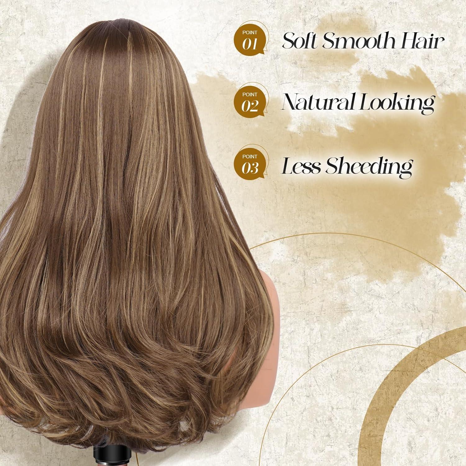 image:imageFESHFEN Perruque Longue avec Frange Naturelle Synthtiques Blond Clair Sale Perruque de Cheveux Perruque Carnaval de Cosplay pour Femme 45 cmBrun Mixte Blond