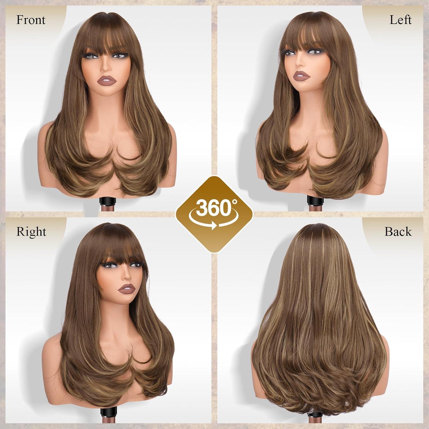 image:imageFESHFEN Perruque Longue avec Frange Naturelle Synthtiques Blond Clair Sale Perruque de Cheveux Perruque Carnaval de Cosplay pour Femme 45 cmBrun Mixte Blond