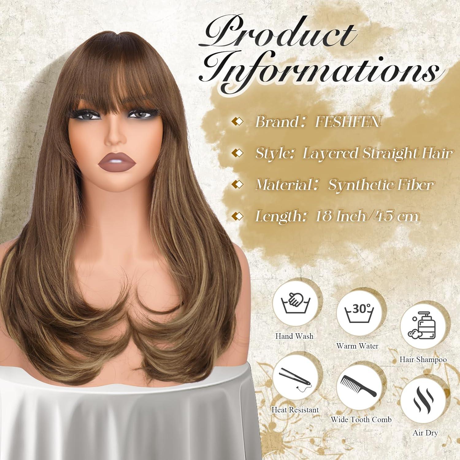 image:imageFESHFEN Perruque Longue avec Frange Naturelle Synthtiques Blond Clair Sale Perruque de Cheveux Perruque Carnaval de Cosplay pour Femme 45 cmBrun Mixte Blond