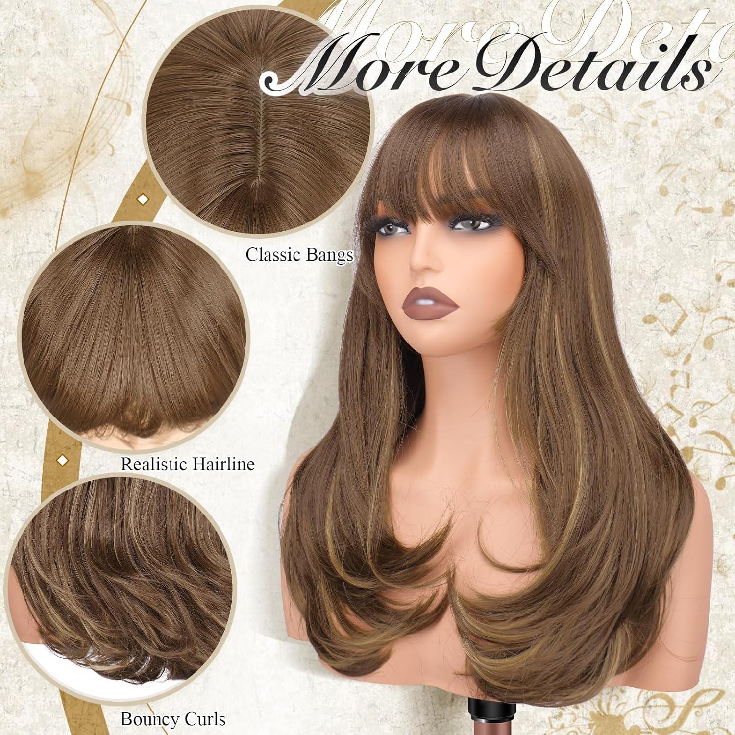 image:imageFESHFEN Perruque Longue avec Frange Naturelle Synthtiques Blond Clair Sale Perruque de Cheveux Perruque Carnaval de Cosplay pour Femme 45 cmBrun Mixte Blond