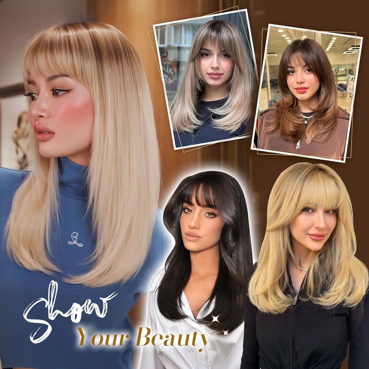 image:imageFESHFEN Perruque Longue avec Frange Naturelle Synthtiques Blond Clair Sale Perruque de Cheveux Perruque Carnaval de Cosplay pour Femme 45 cmBrun Mixte Blond