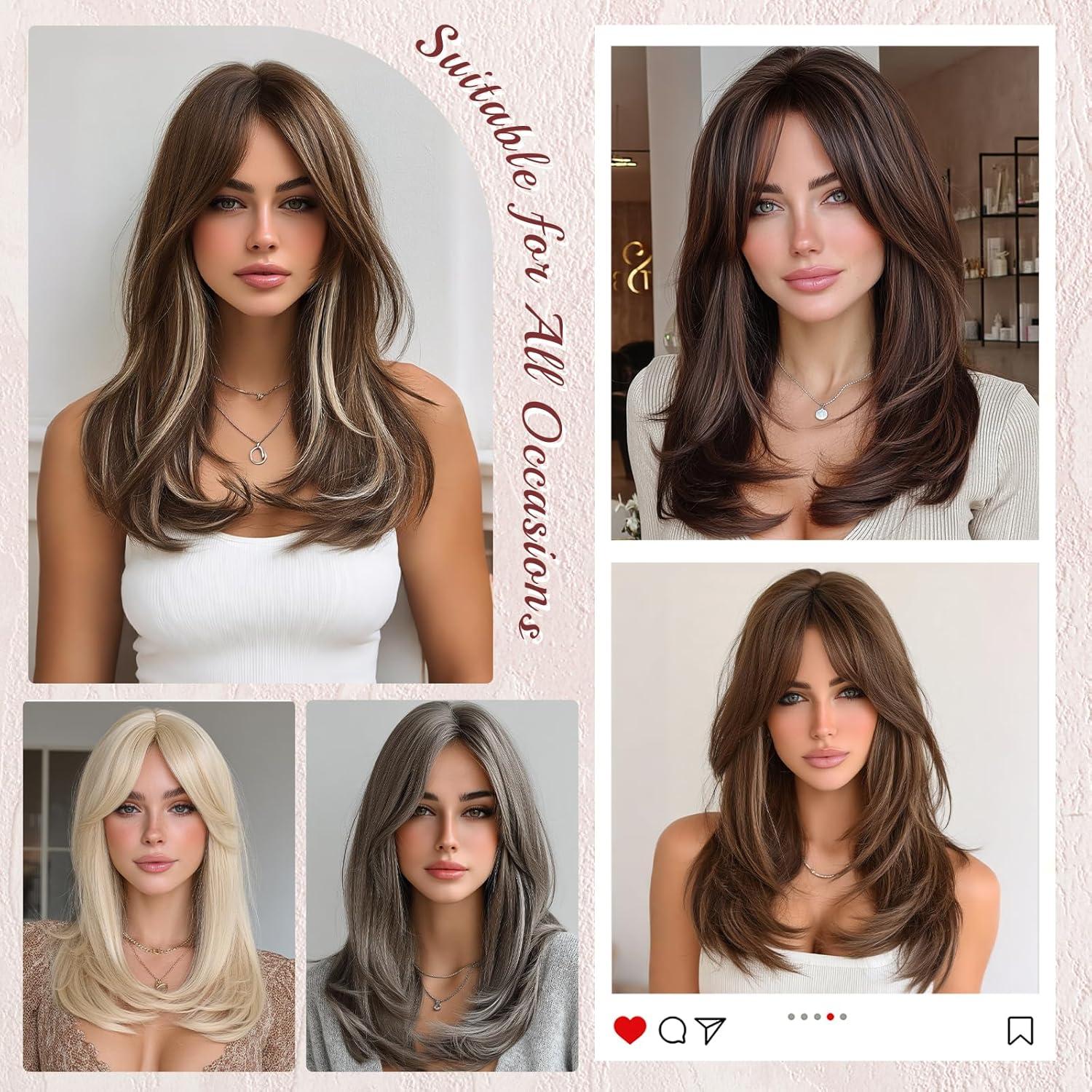 image:imageFESHFEN Perruque Longue avec Frange Naturelle Synthtiques Blond Clair Sale Perruque de Cheveux Perruque Carnaval de Cosplay pour Femme 45 cmBrun mlang auburnlace frontal