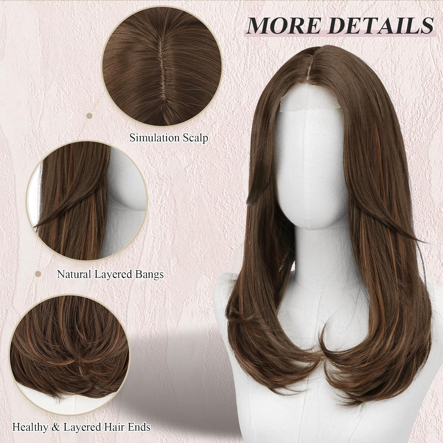 image:imageFESHFEN Perruque Longue avec Frange Naturelle Synthtiques Blond Clair Sale Perruque de Cheveux Perruque Carnaval de Cosplay pour Femme 45 cmBrun mlang auburnlace frontal
