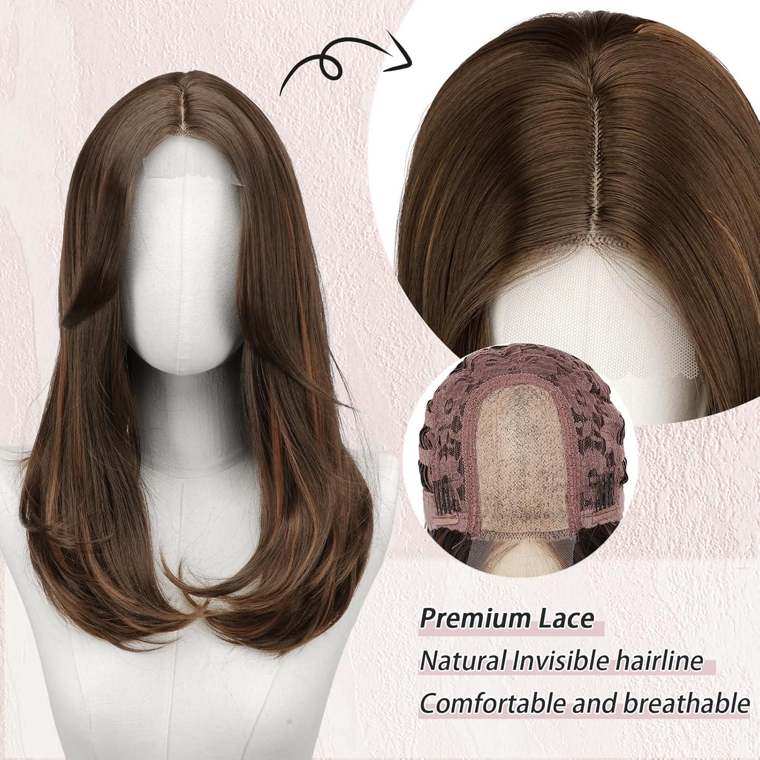 image:imageFESHFEN Perruque Longue avec Frange Naturelle Synthtiques Blond Clair Sale Perruque de Cheveux Perruque Carnaval de Cosplay pour Femme 45 cmBrun mlang auburnlace frontal