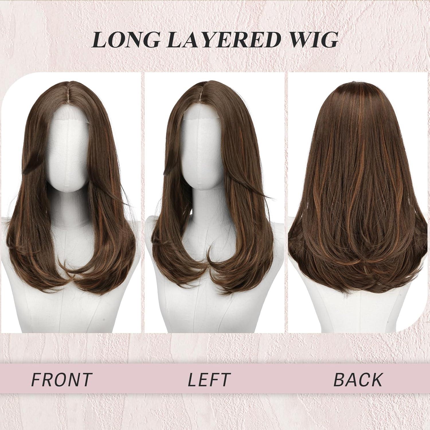 image:imageFESHFEN Perruque Longue avec Frange Naturelle Synthtiques Blond Clair Sale Perruque de Cheveux Perruque Carnaval de Cosplay pour Femme 45 cmBrun mlang auburnlace frontal