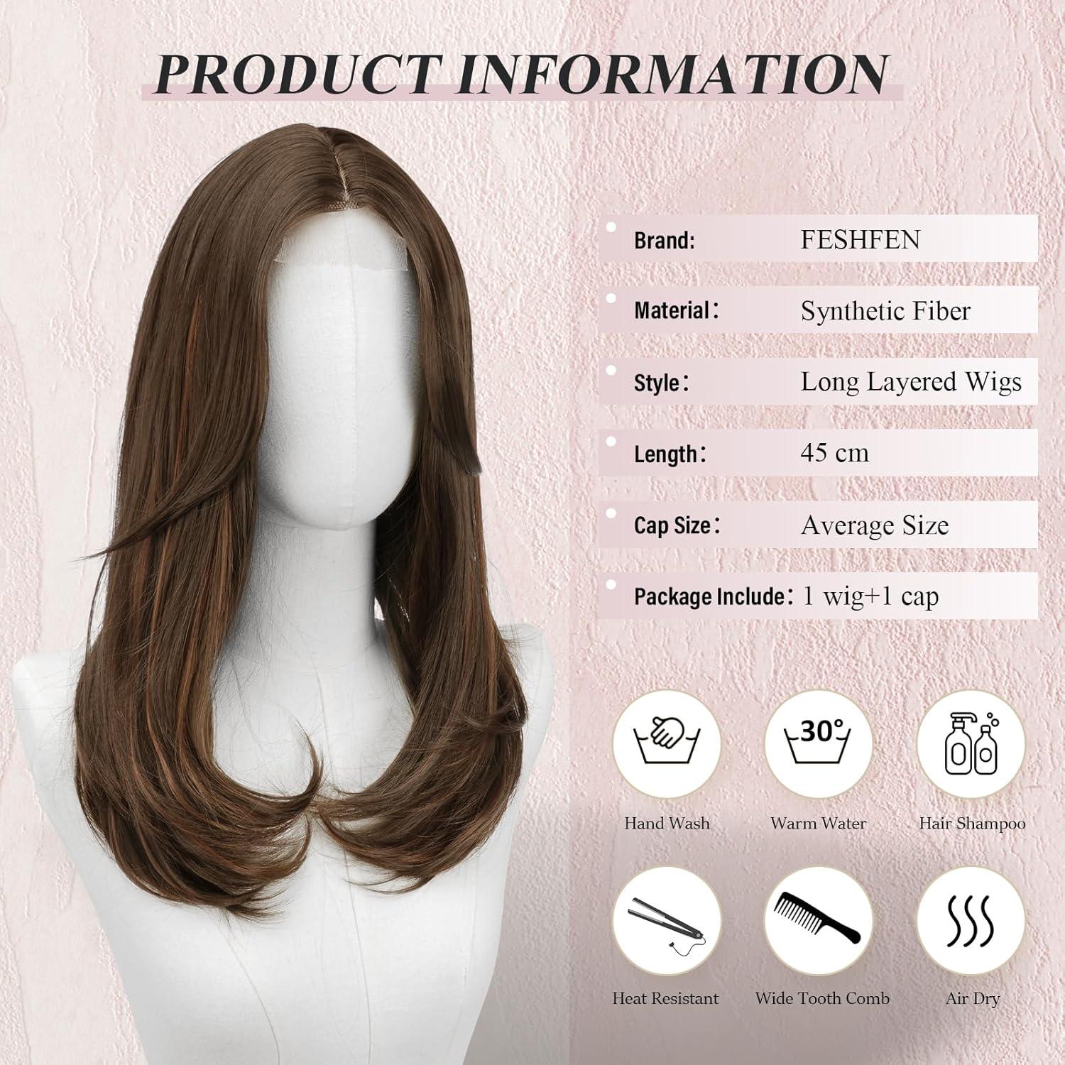 image:imageFESHFEN Perruque Longue avec Frange Naturelle Synthtiques Blond Clair Sale Perruque de Cheveux Perruque Carnaval de Cosplay pour Femme 45 cmBrun mlang auburnlace frontal