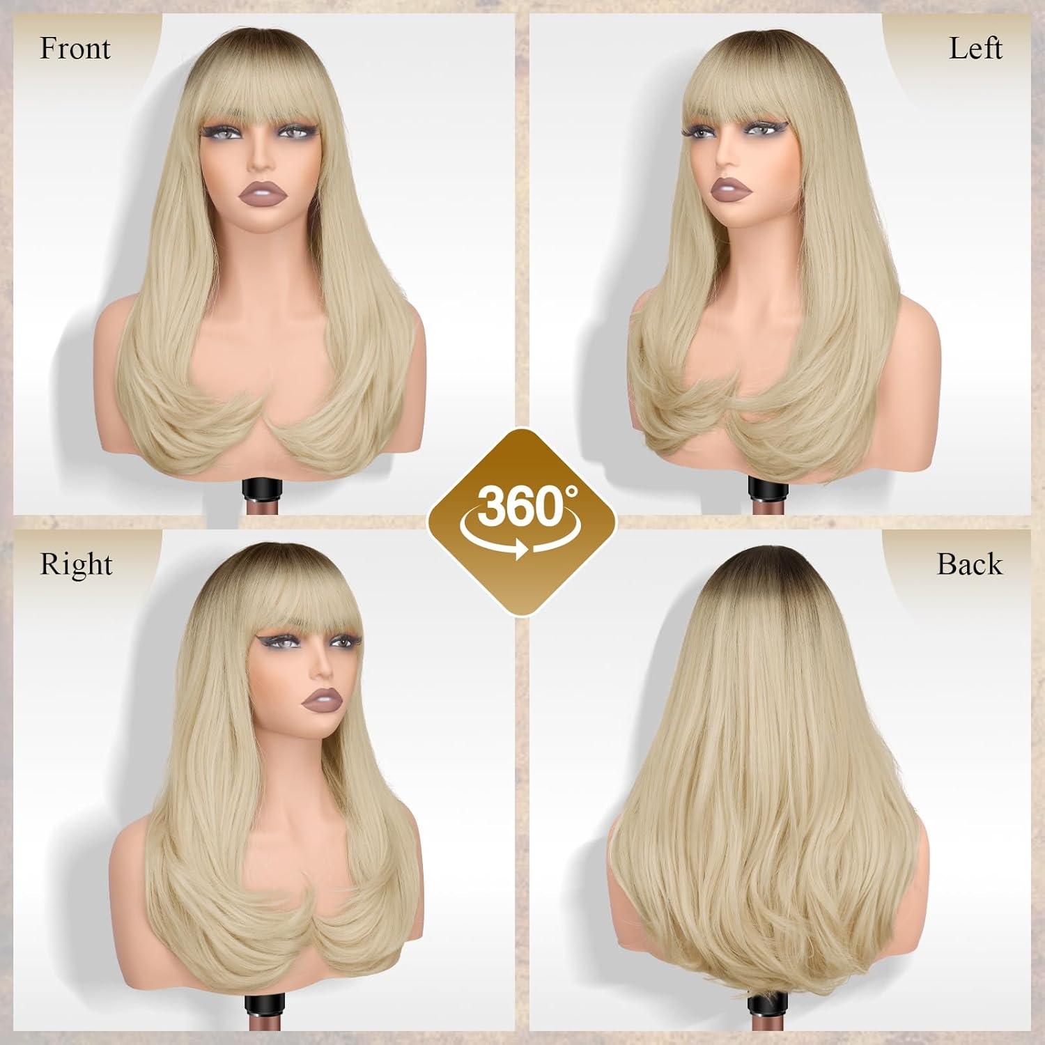 image:imageFESHFEN Perruque Longue avec Frange Naturelle Synthtiques Blond Clair Sale Perruque de Cheveux Perruque Carnaval de Cosplay pour Femme 45 cmOmbre Blonde