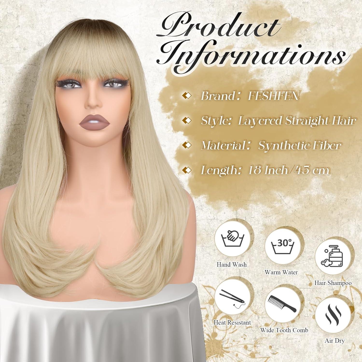image:imageFESHFEN Perruque Longue avec Frange Naturelle Synthtiques Blond Clair Sale Perruque de Cheveux Perruque Carnaval de Cosplay pour Femme 45 cmOmbre Blonde