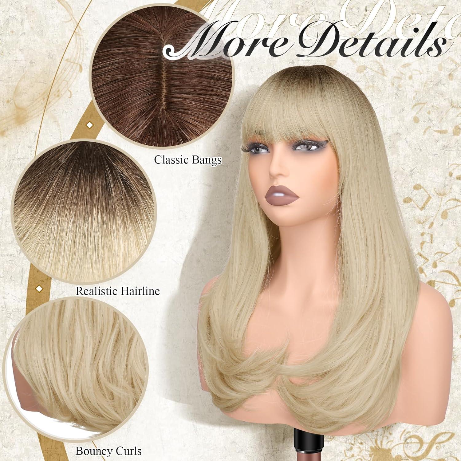 image:imageFESHFEN Perruque Longue avec Frange Naturelle Synthtiques Blond Clair Sale Perruque de Cheveux Perruque Carnaval de Cosplay pour Femme 45 cmOmbre Blonde