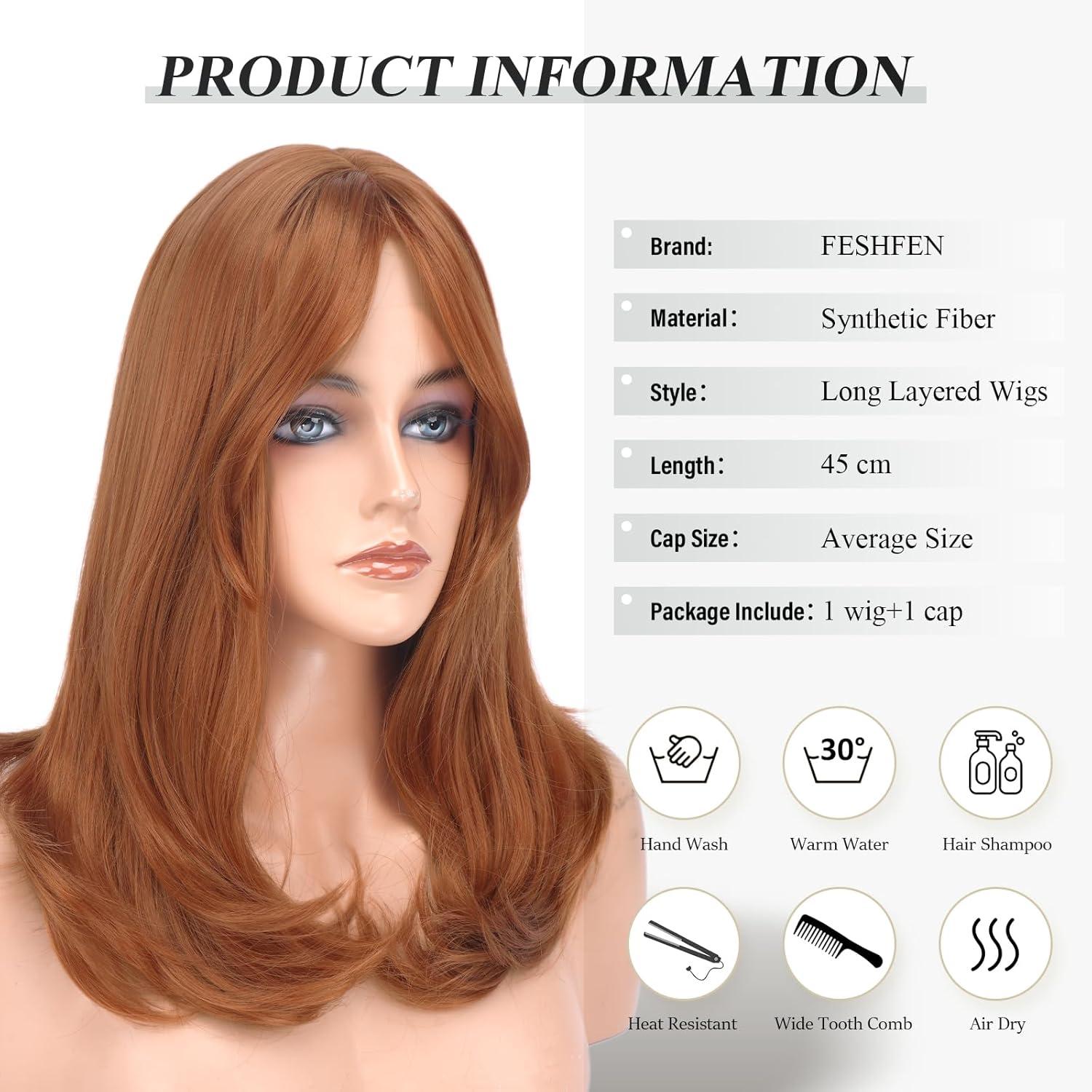 image:imageFESHFEN Perruque Longue avec Frange Naturelle Synthtiques Blond Clair Sale Perruque de Cheveux Perruque Carnaval de Cosplay pour Femme 45 cmStandard Rouge cuivr