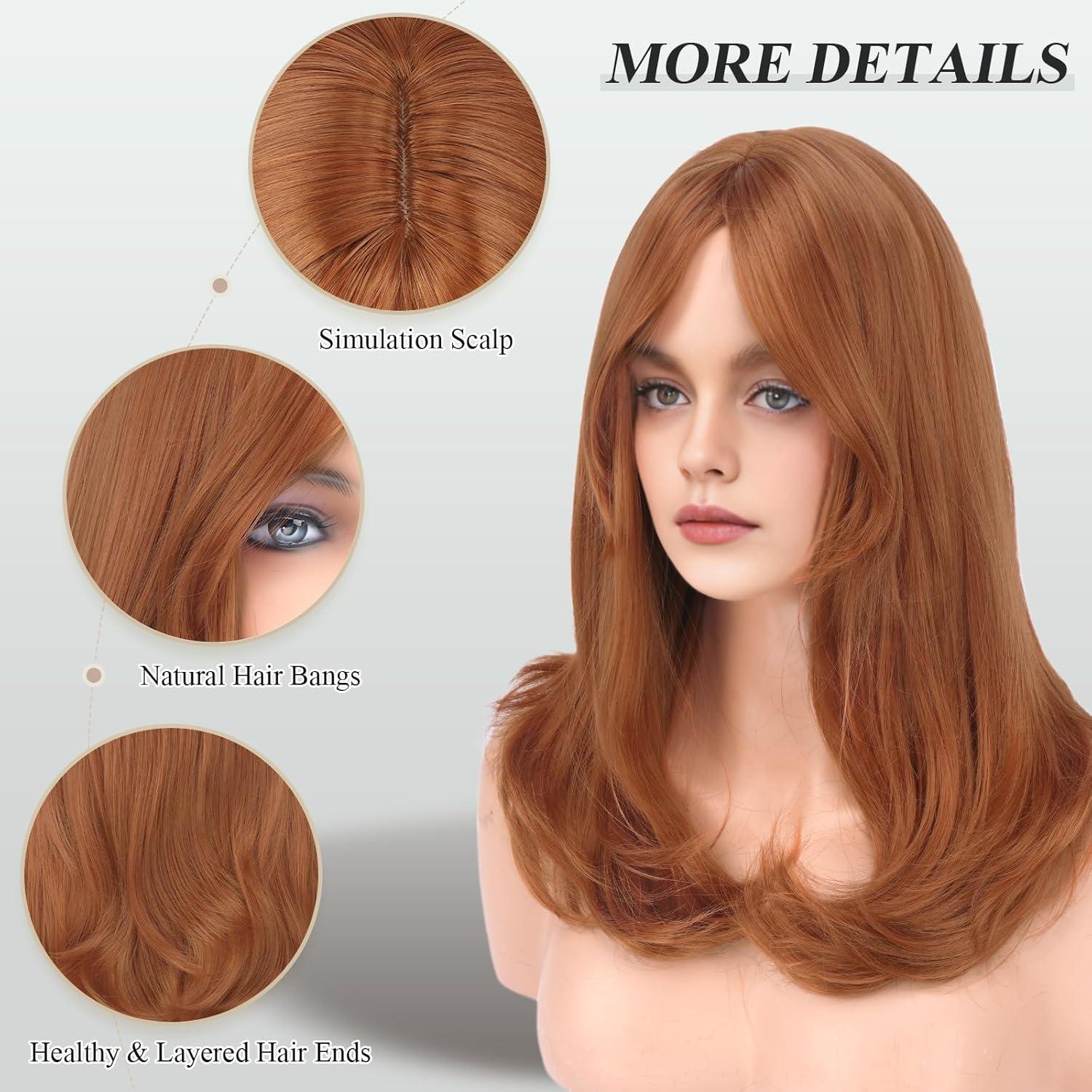 image:imageFESHFEN Perruque Longue avec Frange Naturelle Synthtiques Blond Clair Sale Perruque de Cheveux Perruque Carnaval de Cosplay pour Femme 45 cmStandard Rouge cuivr