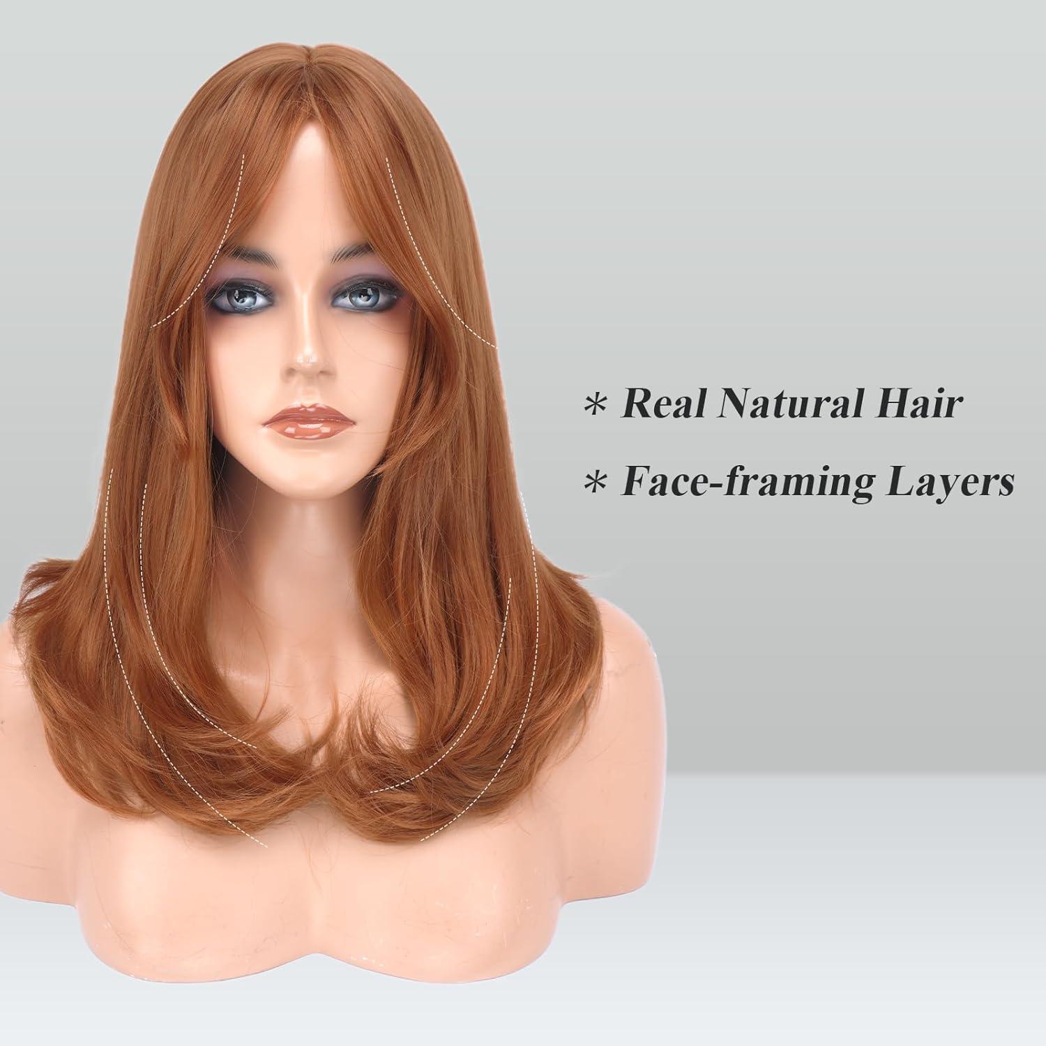 image:imageFESHFEN Perruque Longue avec Frange Naturelle Synthtiques Blond Clair Sale Perruque de Cheveux Perruque Carnaval de Cosplay pour Femme 45 cmStandard Rouge cuivr