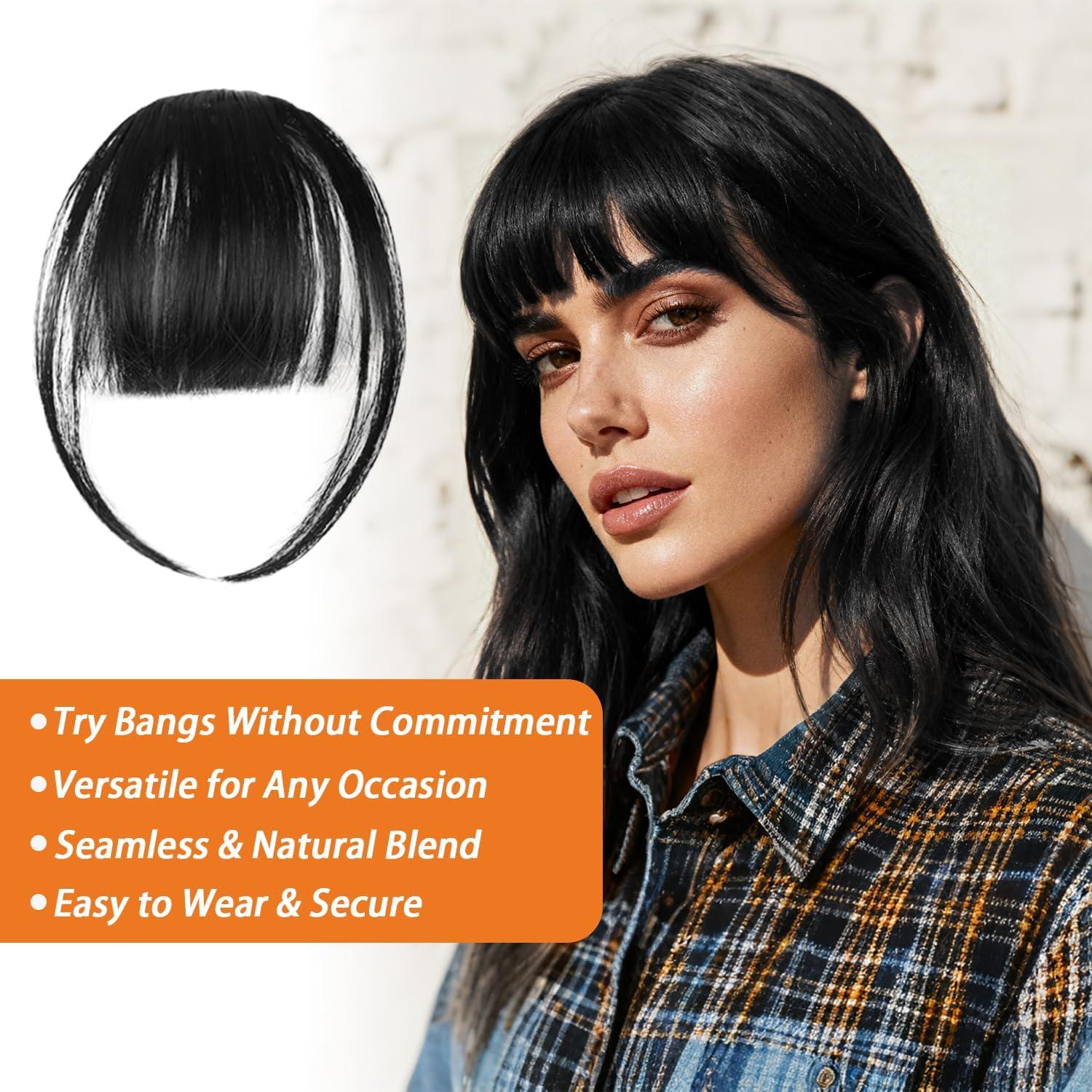 image:imageIGXX Frange ClipIn Noir Naturel 100 Cheveux Humains Accessoire Capillaire pour Femmes Frange Clipon en Vritable Cheveux Humains avec Tempes Faux Frange Courbe pour Usage Quotidien