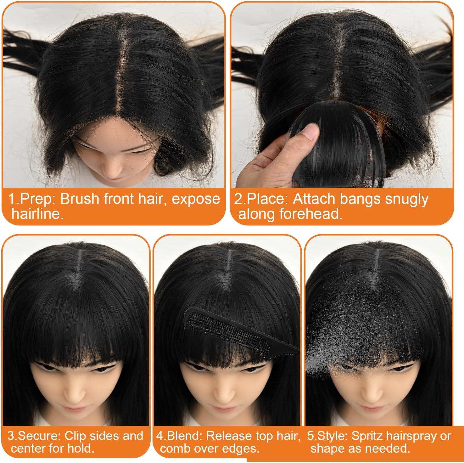 image:imageIGXX Frange ClipIn Noir Naturel 100 Cheveux Humains Accessoire Capillaire pour Femmes Frange Clipon en Vritable Cheveux Humains avec Tempes Faux Frange Courbe pour Usage Quotidien