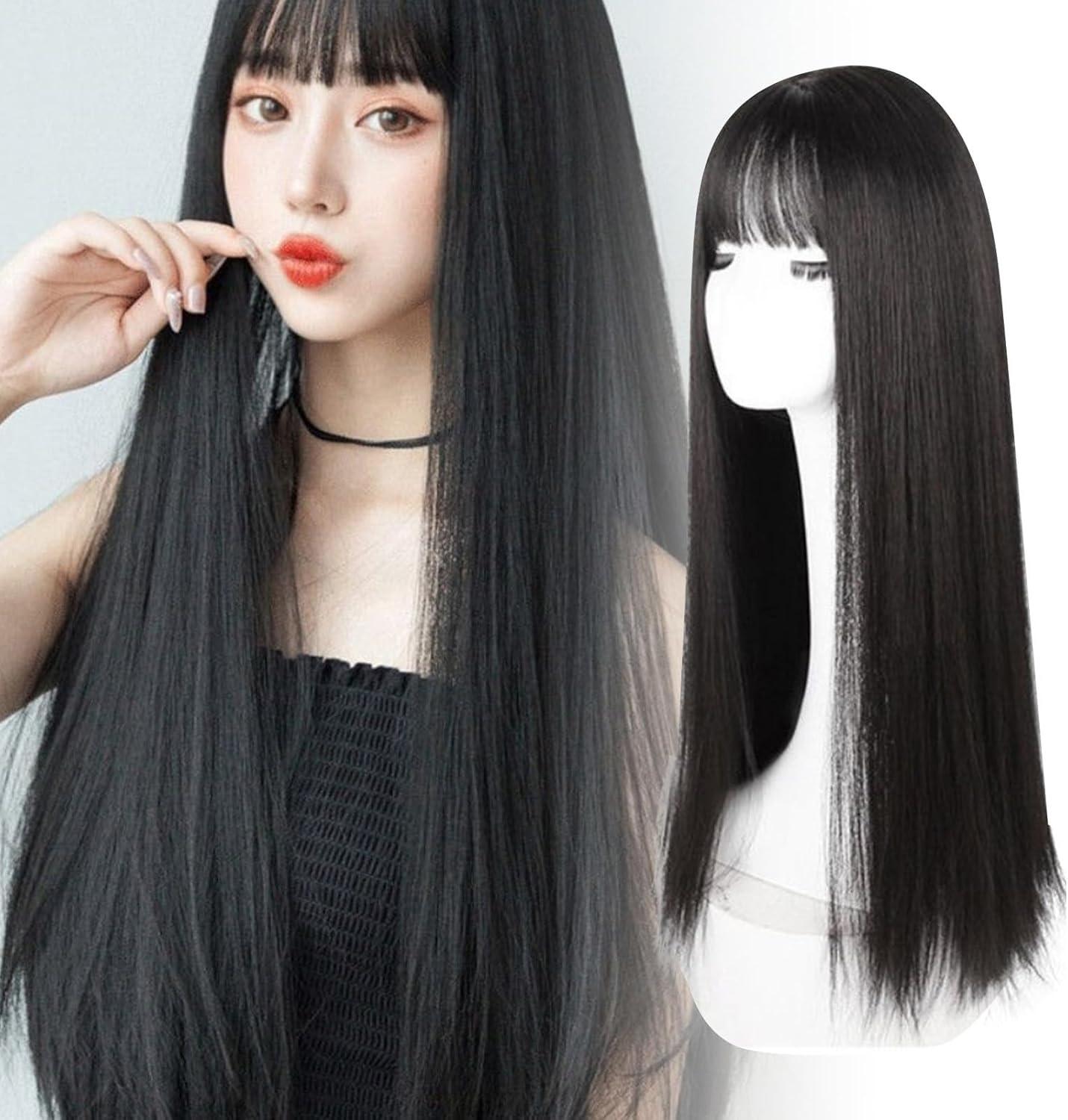 image:imagePerruque Longue Noire Droite avec Frange Perruque Noire de 283 Pouces Perruques Noires Synthtiques Naturelles pour Femmes Dames Cheveux Synthtiques en Couches Perruque Brune