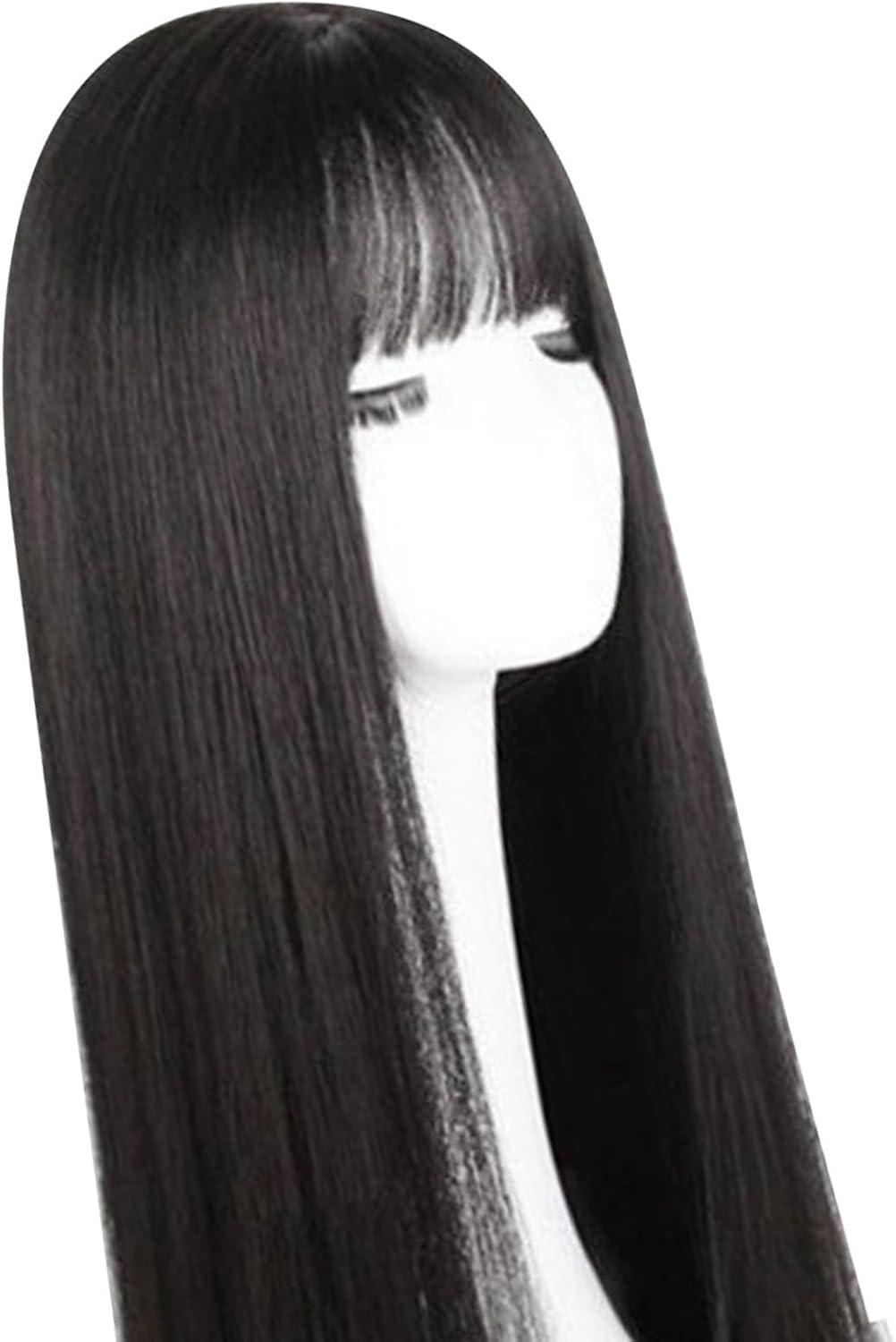 image:imagePerruque Longue Noire Droite avec Frange Perruque Noire de 283 Pouces Perruques Noires Synthtiques Naturelles pour Femmes Dames Cheveux Synthtiques en Couches Perruque Brune