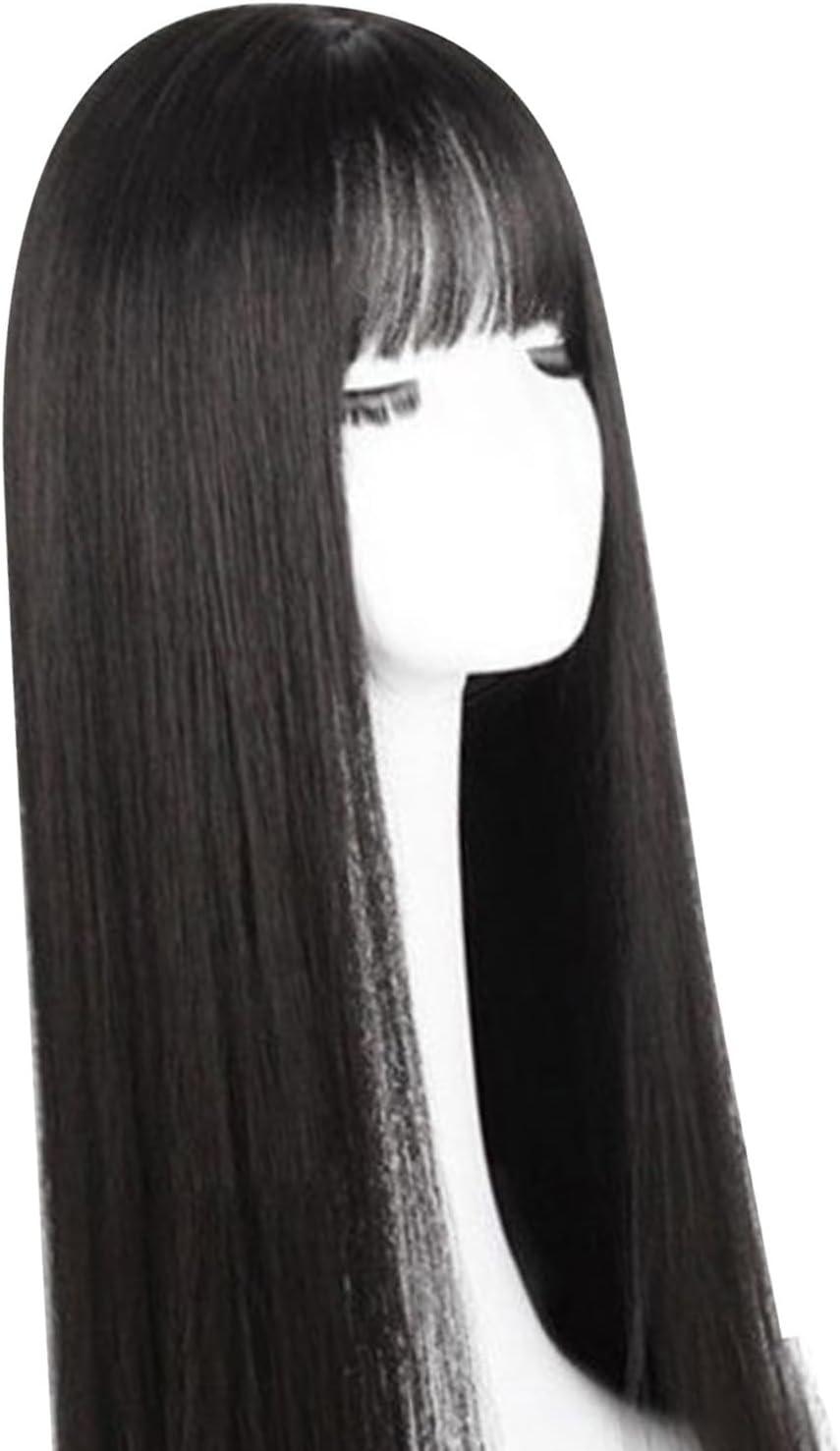 image:imagePerruque Longue Noire Droite avec Frange Perruque Noire de 283 Pouces Perruques Noires Synthtiques Naturelles pour Femmes Dames Cheveux Synthtiques en Couches Perruque Brune