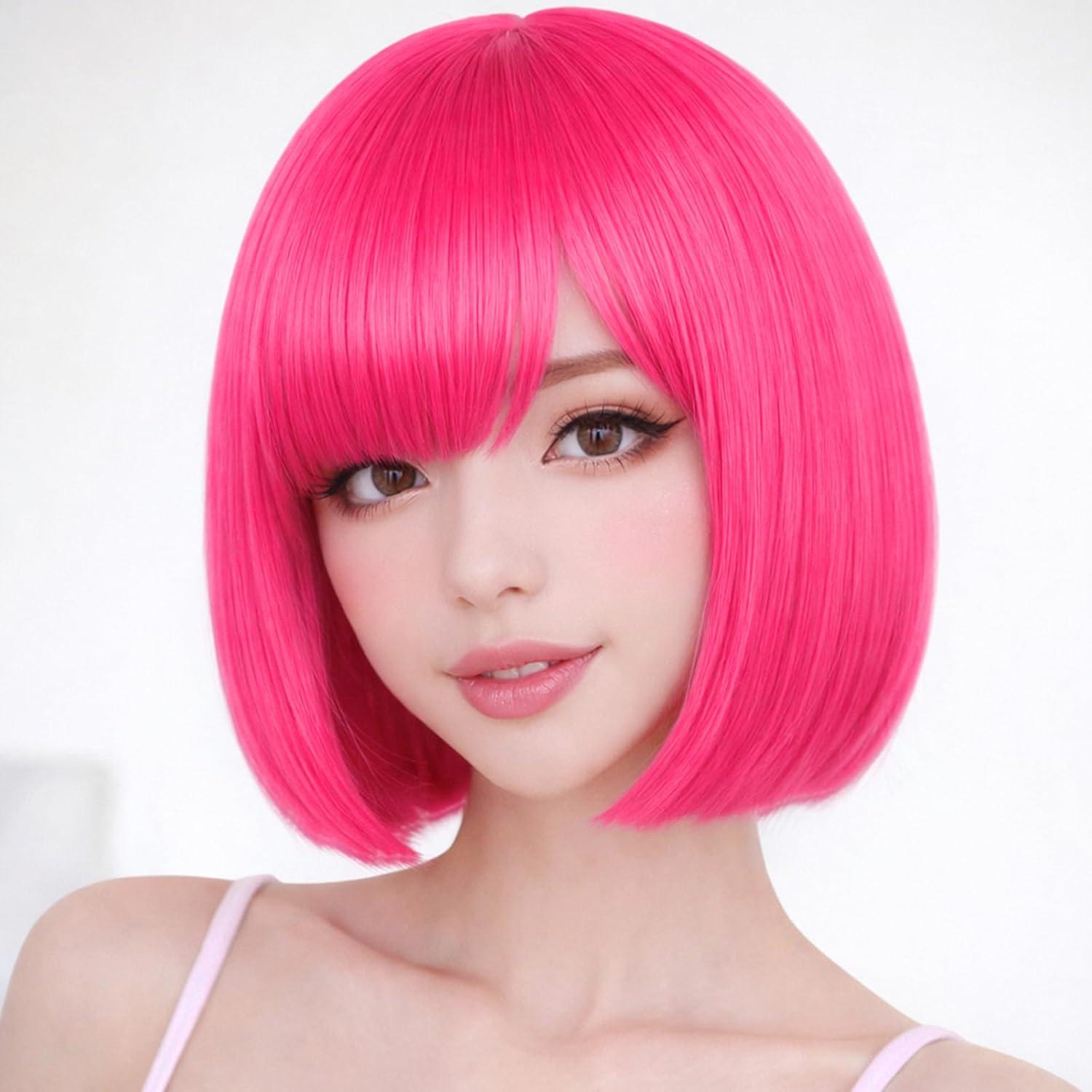 image:imageWigs Bob Wigs Pour Carnival Perruques De Cheveux Raides Pour Femmes Fiesta Motto Party Fiesta Perruques Femmes Courtes NoirRose Rou