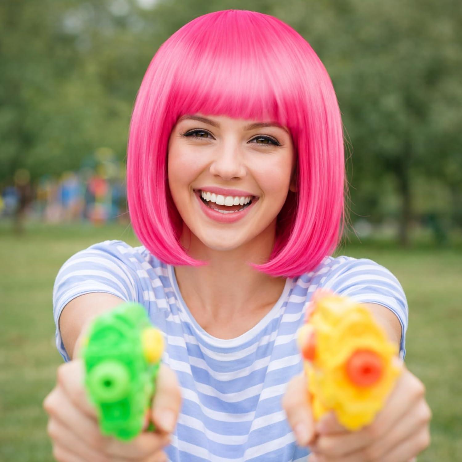 image:imageWigs Bob Wigs Pour Carnival Perruques De Cheveux Raides Pour Femmes Fiesta Motto Party Fiesta Perruques Femmes Courtes NoirRose Rou