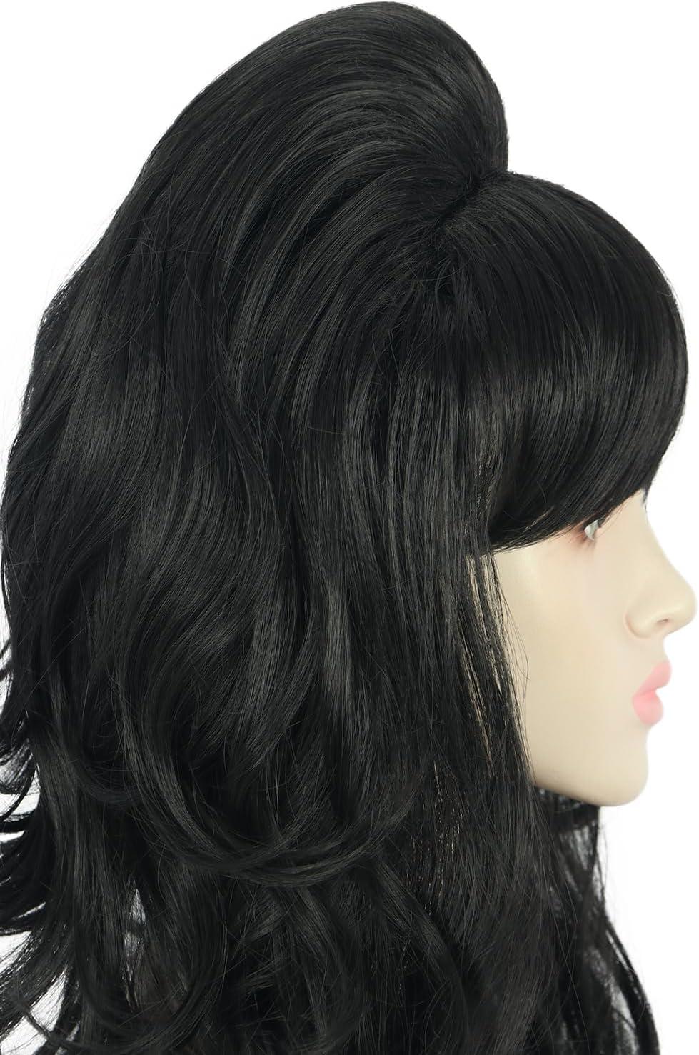 image:imageYuehong Perruque Femme Longue Boucle Noire Grande Bouffante Coiffe Ruche Annes 60 70 Rtro Costume Cheveux Perruque avec Fibres Synthtiques Rsistantes la Haute TempratureNoir