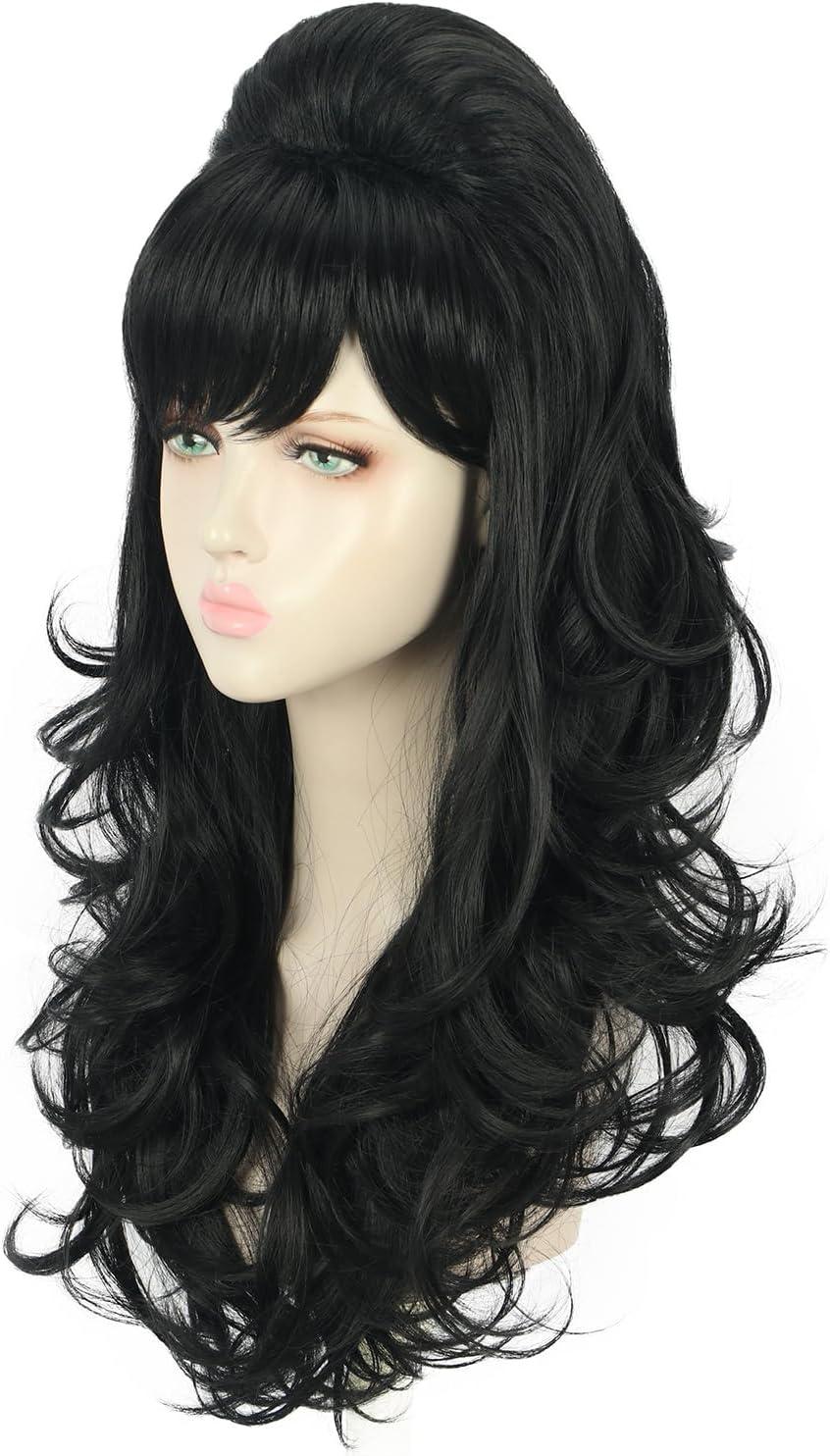 image:imageYuehong Perruque Femme Longue Boucle Noire Grande Bouffante Coiffe Ruche Annes 60 70 Rtro Costume Cheveux Perruque avec Fibres Synthtiques Rsistantes la Haute TempratureNoir