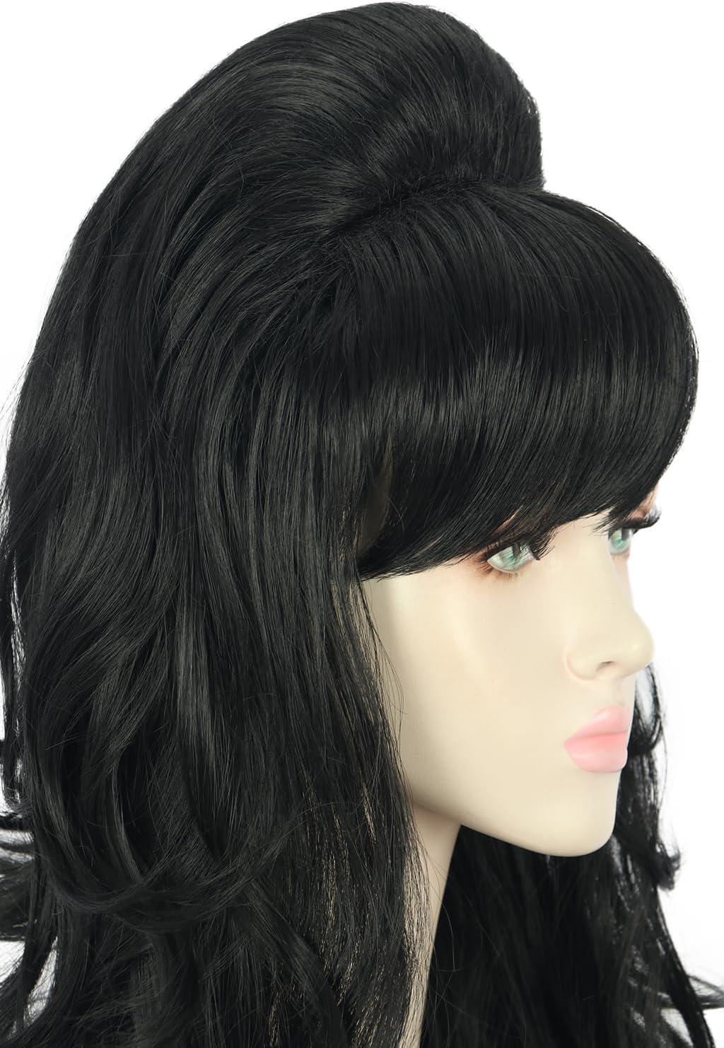 image:imageYuehong Perruque Femme Longue Boucle Noire Grande Bouffante Coiffe Ruche Annes 60 70 Rtro Costume Cheveux Perruque avec Fibres Synthtiques Rsistantes la Haute TempratureNoir