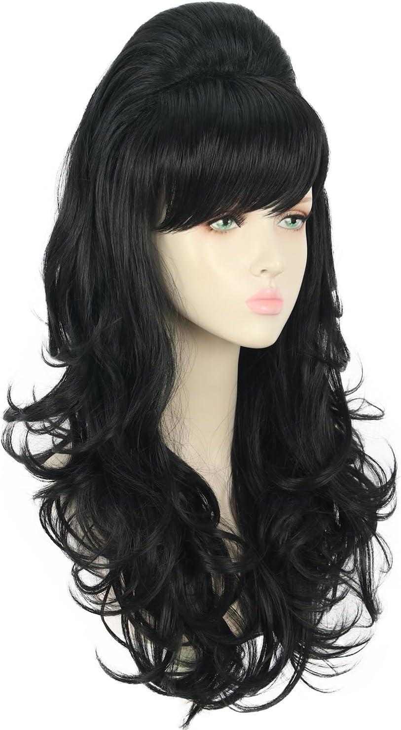 image:imageYuehong Perruque Femme Longue Boucle Noire Grande Bouffante Coiffe Ruche Annes 60 70 Rtro Costume Cheveux Perruque avec Fibres Synthtiques Rsistantes la Haute TempratureNoir