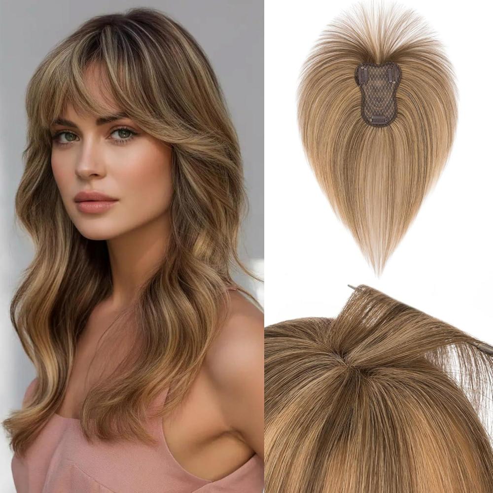 image:imageBenehair Topper de Vrais Cheveux pour Femme 100 Humain Chevelure Frange Latrale 9g Toppers pour aux Cheveux Fins 5x12 Base de Dentelle Vrais Chevelure Pince Brun Moka 2RBrun Fonc Mix Blond Fonc 4P278x11CM