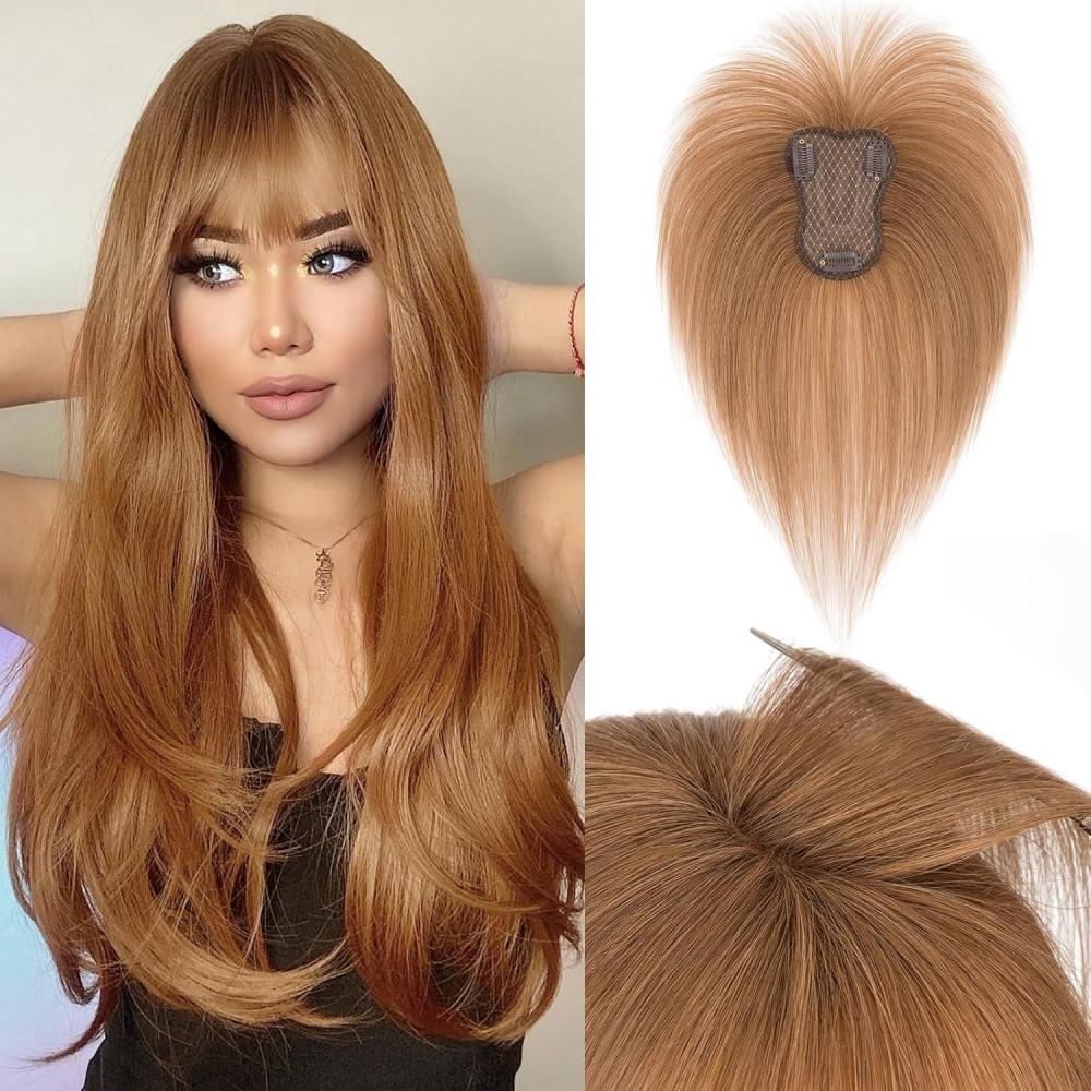 image:imageBenehair Topper de Vrais Cheveux pour Femme 100 Humain Chevelure Frange Latrale 9g Toppers pour aux Cheveux Fins 5x12 Base de Dentelle Vrais Chevelure Pince Brun Moka 2RBrun Clair 68x11CM