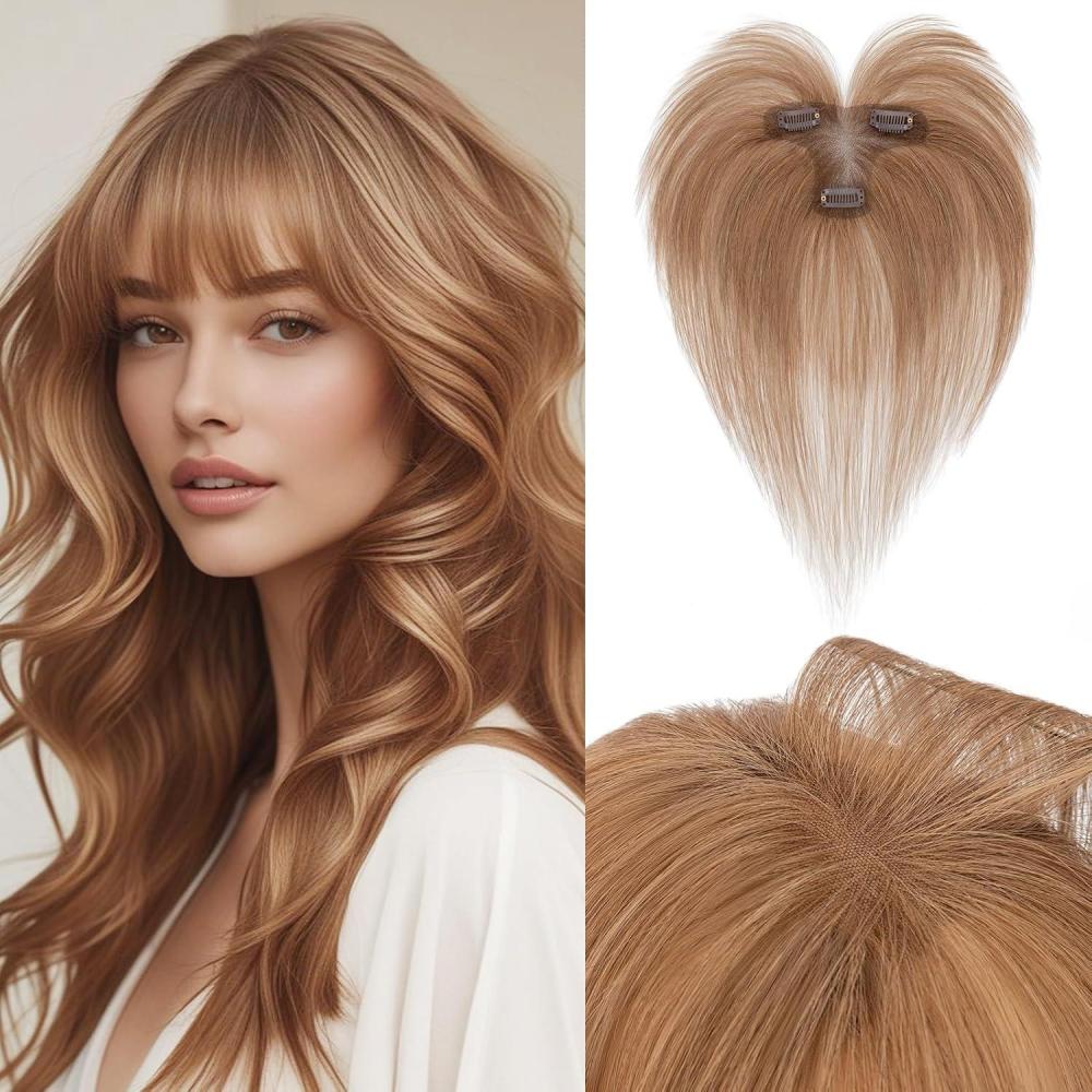 image:imageBenehair Topper de Vrais Cheveux pour Femme 100 Humain Chevelure Frange Latrale 9g Toppers pour aux Cheveux Fins 5x12 Base de Dentelle Vrais Chevelure  Pince Brun Moka 2RBrun Clair 69x12CM