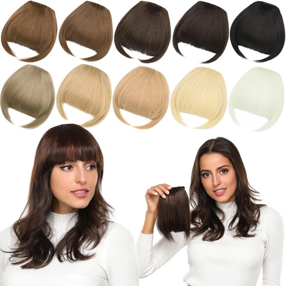 image:imageClip in Bangs Extensions de cheveux synthtiques plats avec tempes sur le devant et frange pour femme Marron fonc