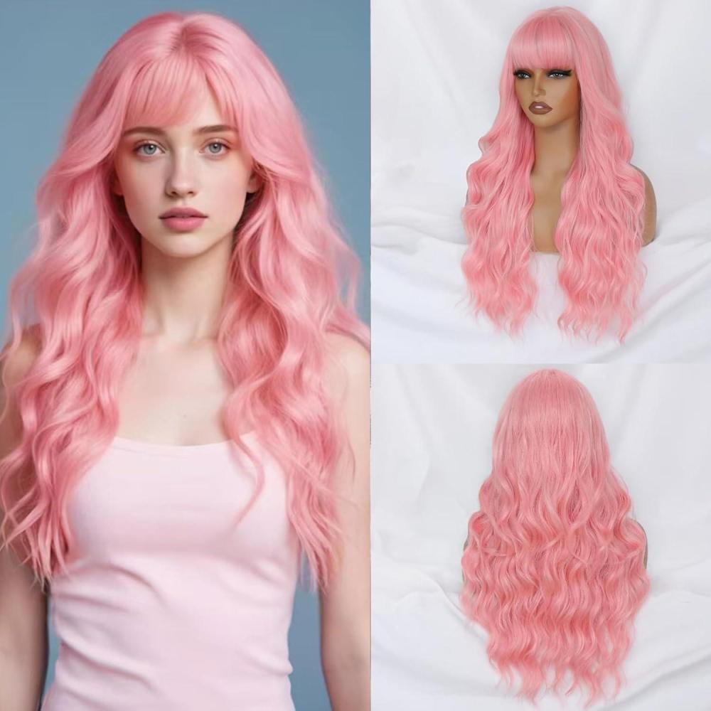 image:imageCreamily Perruques courtes au carr de 25 cm lisses avec frange plate synthtiques colores cosplay fte femmes naturelles comme vrais cheveux bonnet perruque gratuit NoirRose Ondul
